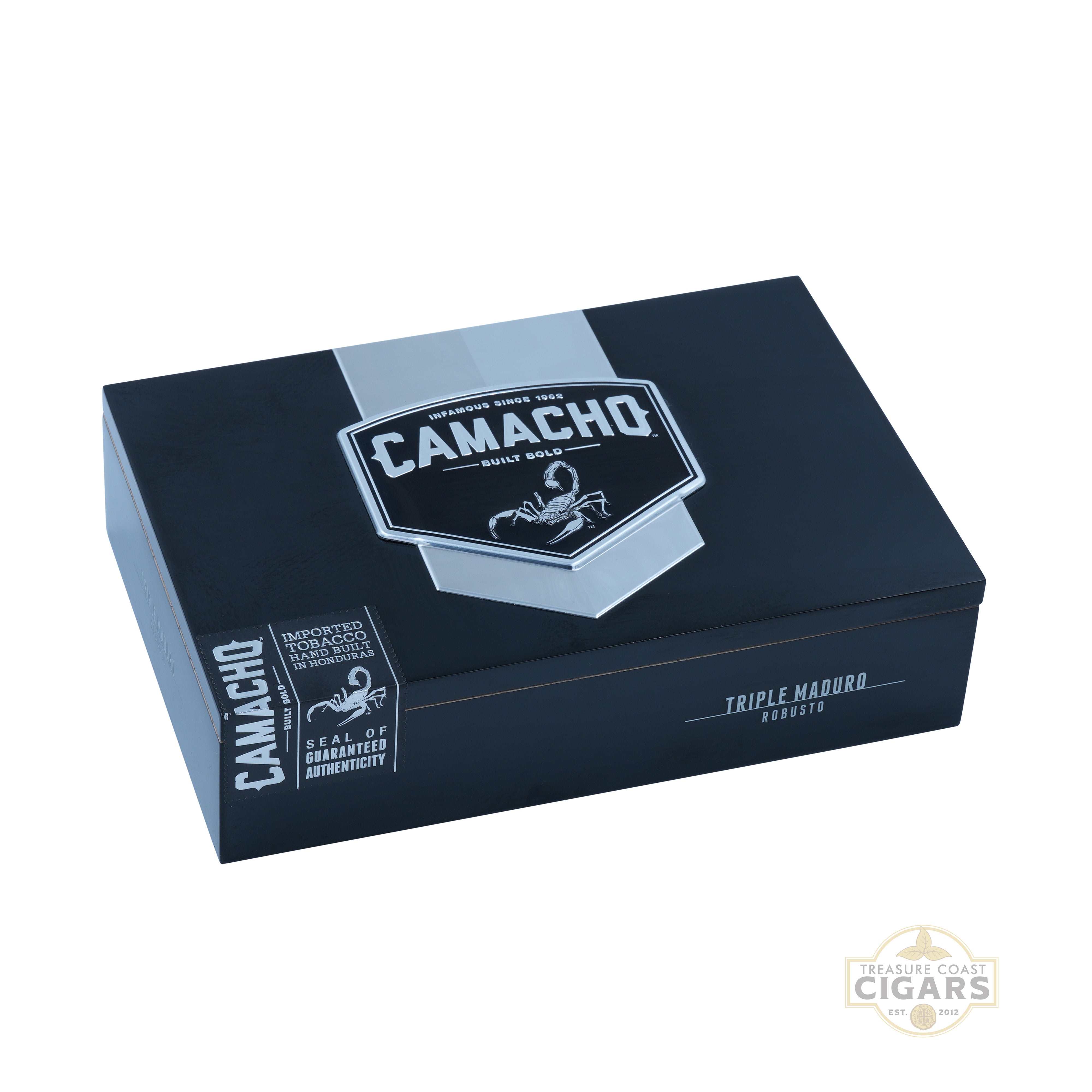 Camacho Triple Maduro cigar box on a white background