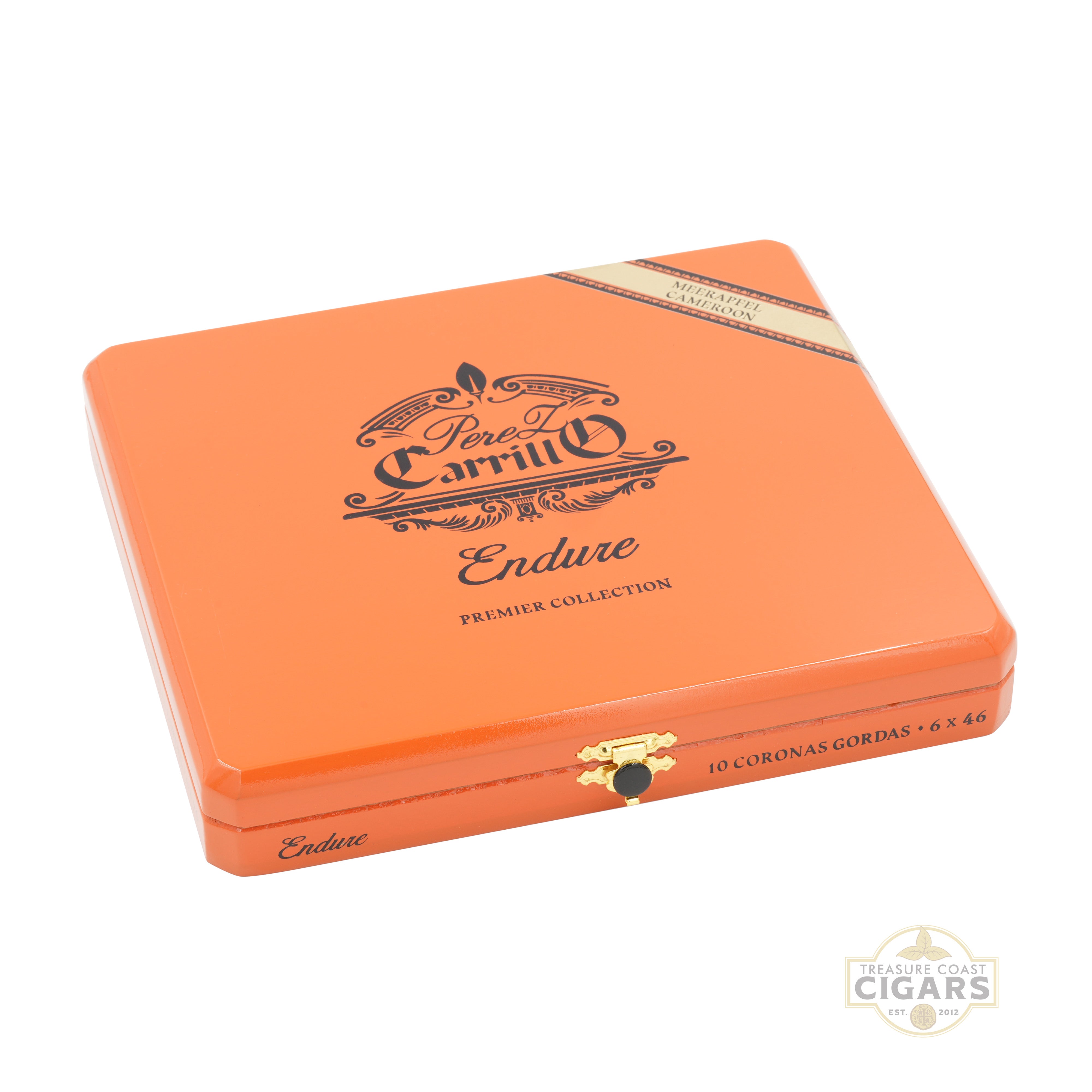 Orange cigar box with 'Endure' branding on a white background