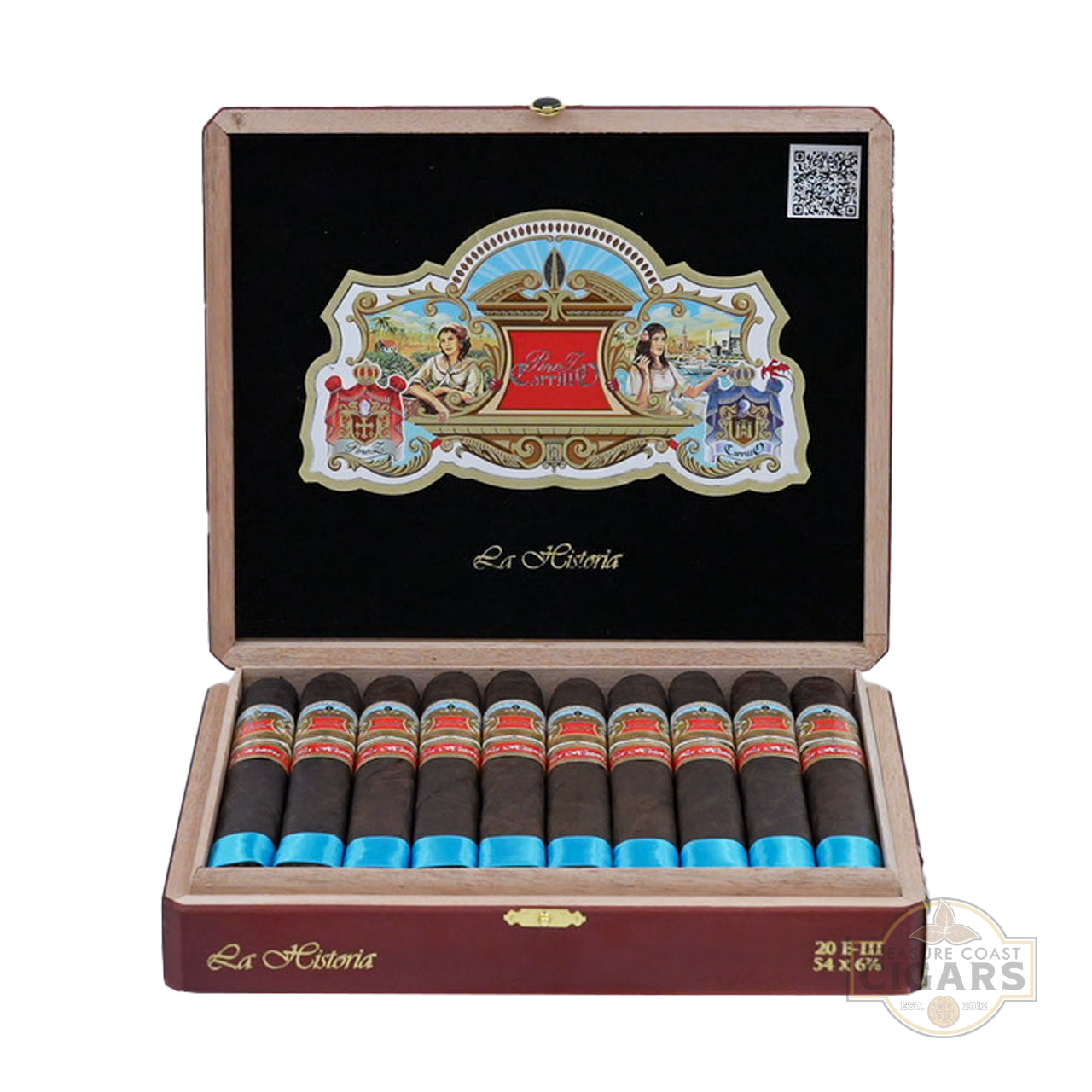An open wooden cigar box labeled “La Historia” on the lid and front, featuring an ornate gold, red, and blue emblem with intricate designs, including images of people and coats of arms, and a QR code on the inner lid. The box contains 20 dark brown cigars with blue-tipped ends, each wrapped with a colorful band displaying the “La Historia” logo. The cigars are neatly arranged in two rows, and the box’s interior is lined with a black material. The front of the box indicates “20 E-III SA x 6 1/2”