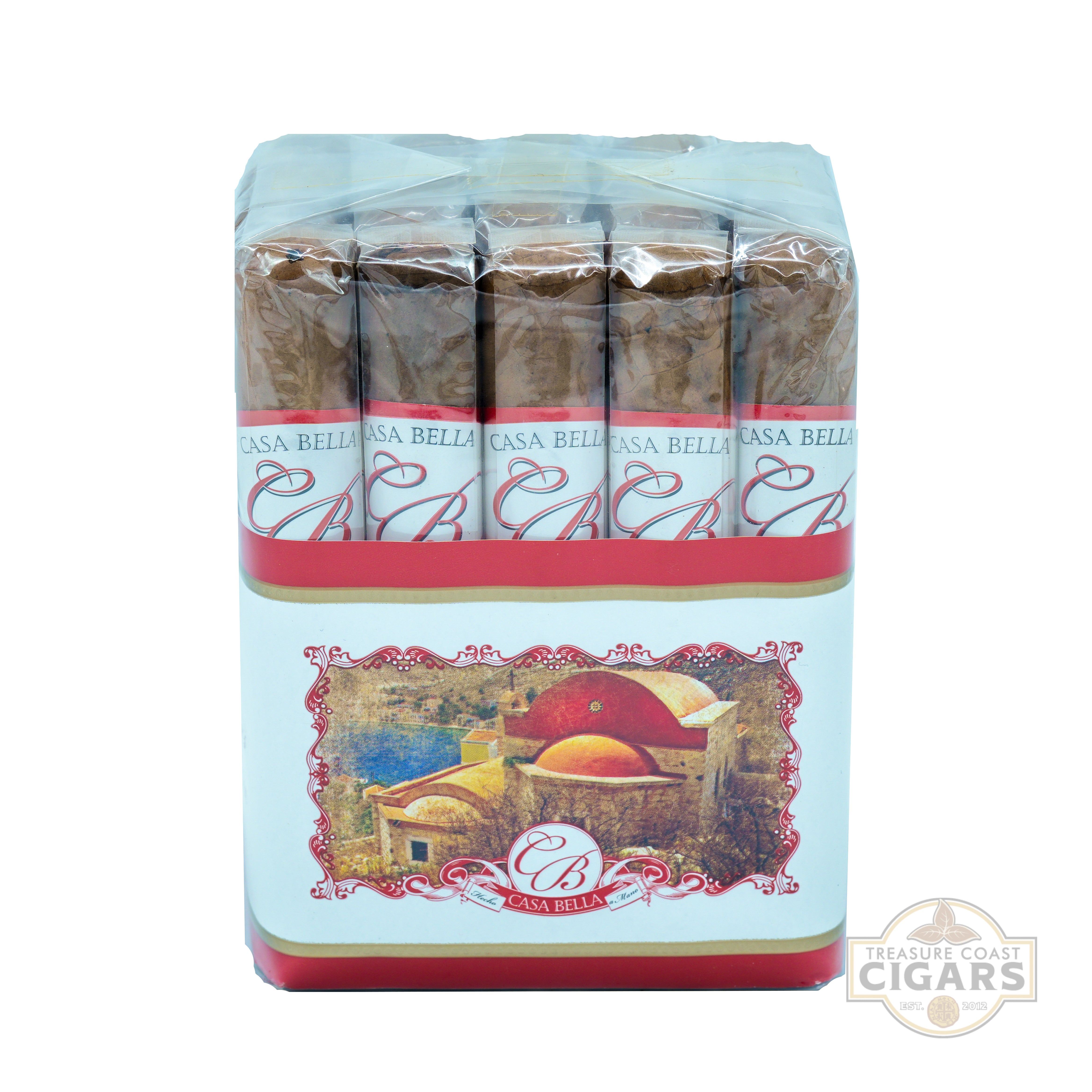 Pack of Casa Bella cigars in a decorative wrapping on a white background