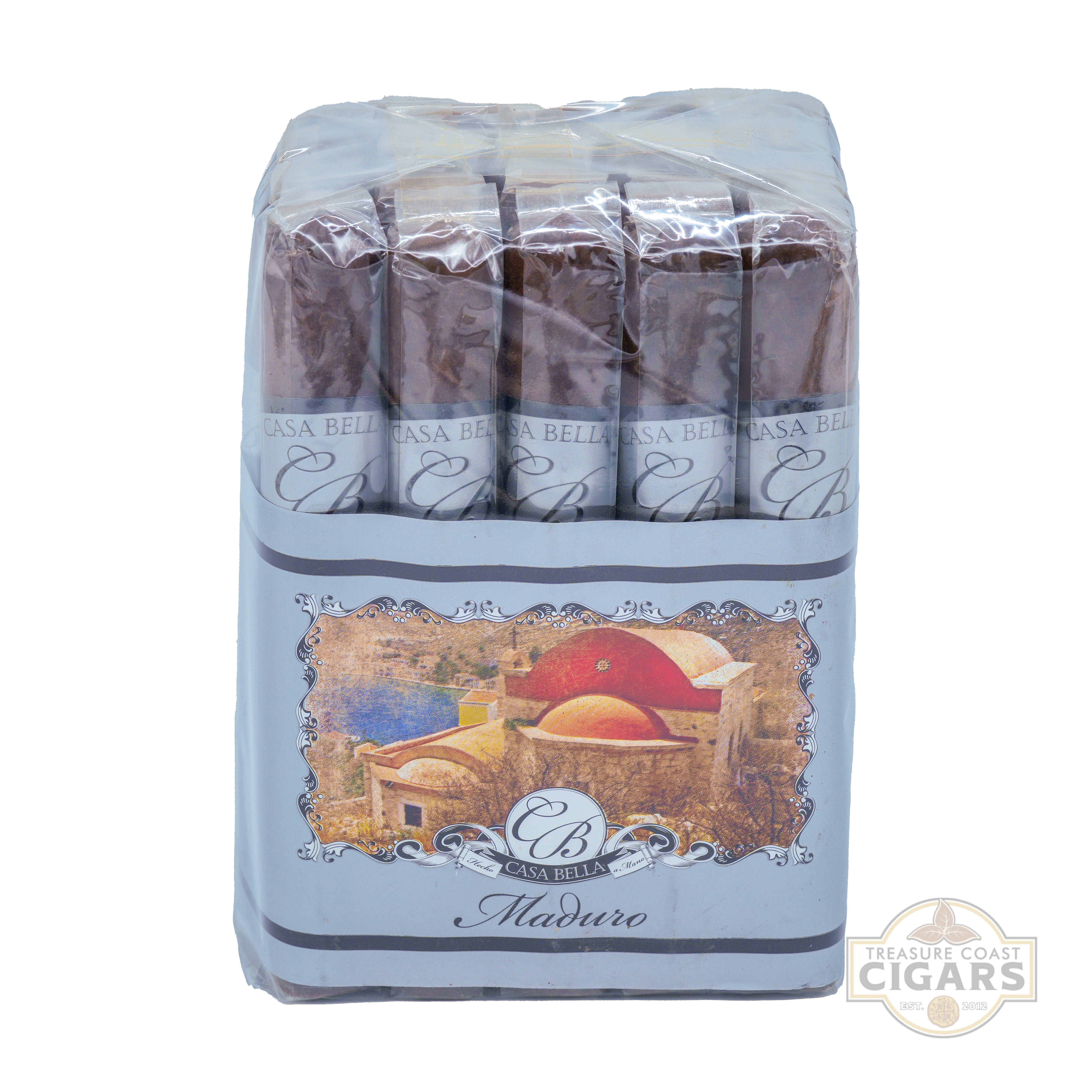 Pack of Casa Bella Maduro cigars in a clear plastic wrap on a white background