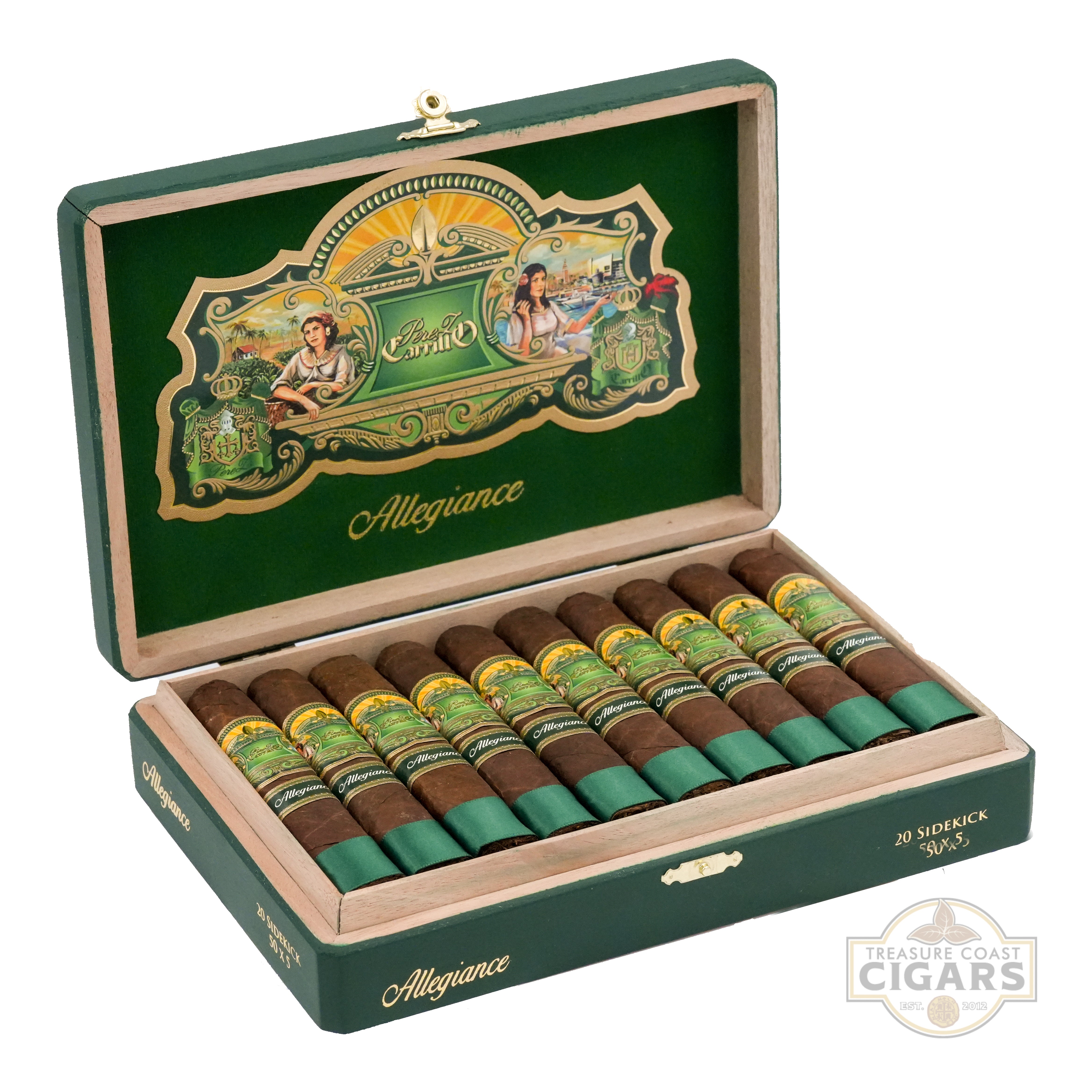 Open box of cigars with decorative design on a white background