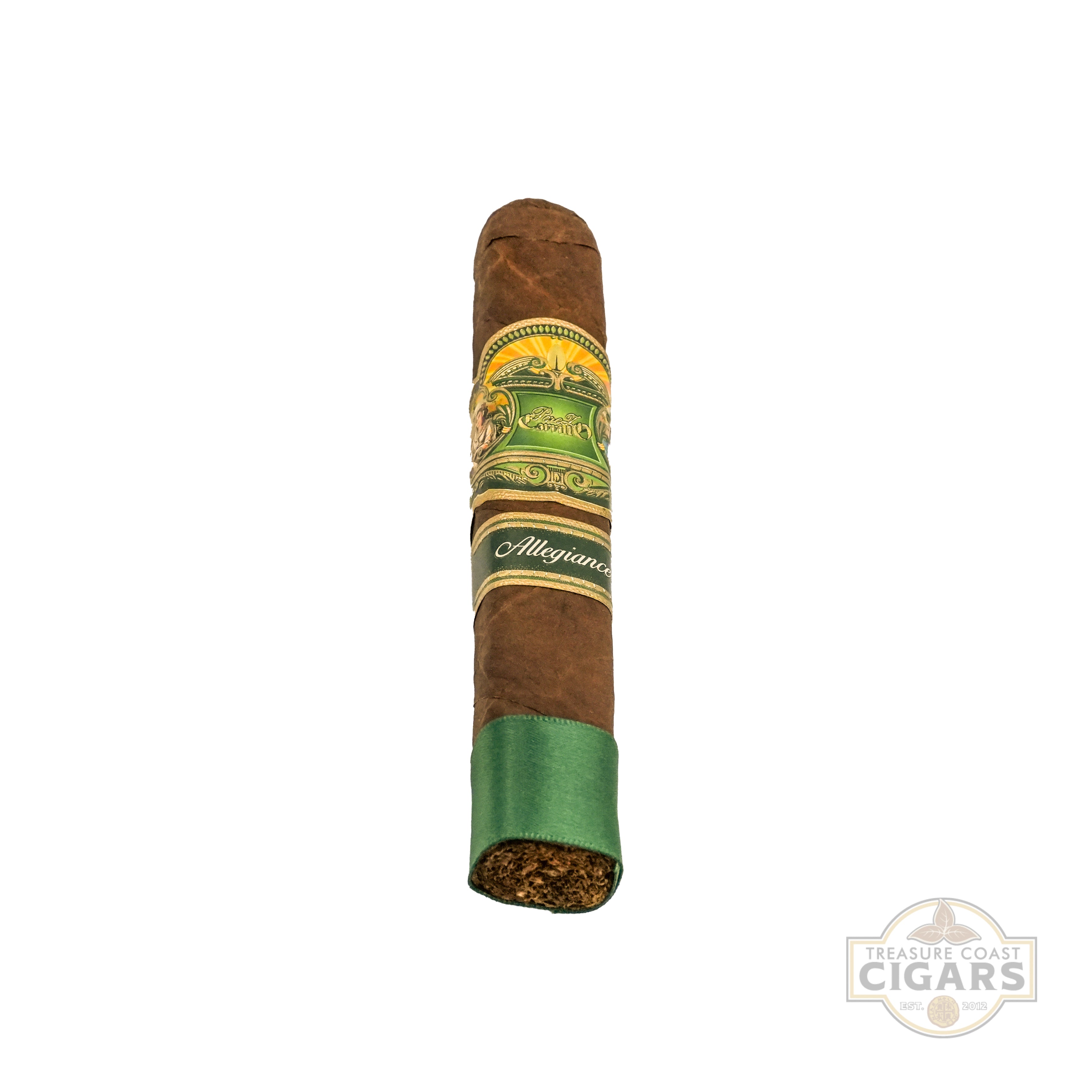 Cigar with a green band and visible brand name on a white background