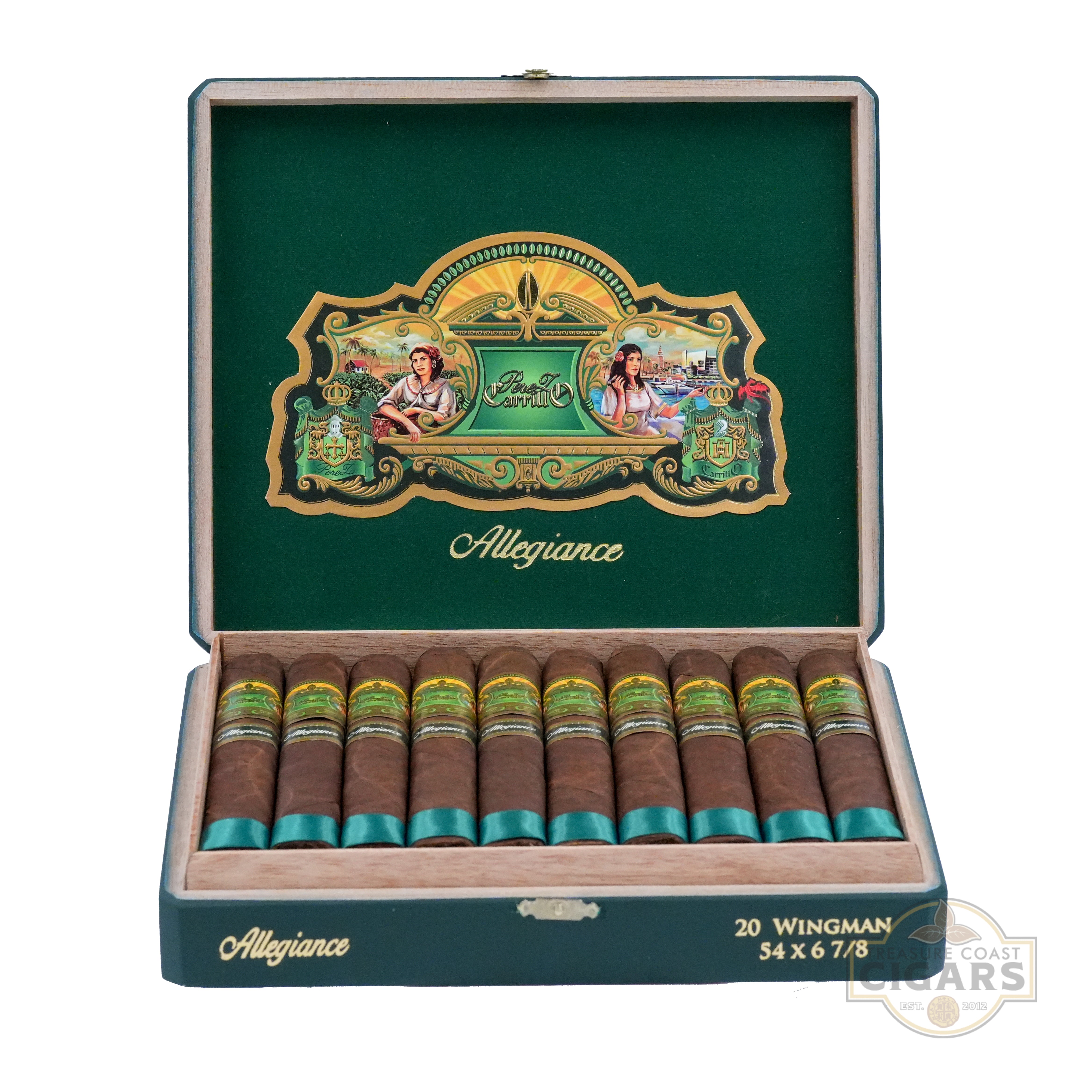 Open box of Allegiance cigars with decorative lid on a white background