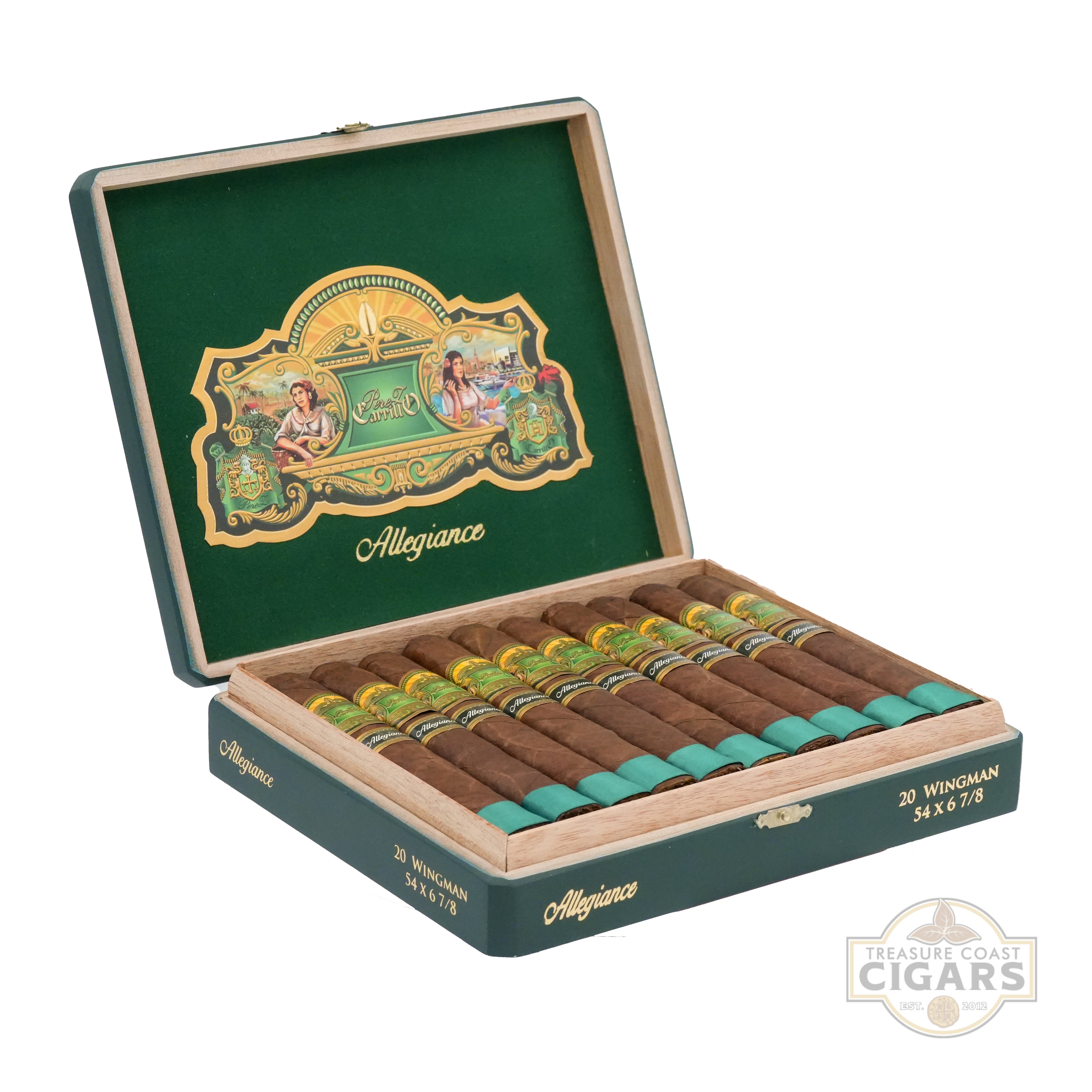 Open wooden box of Allegiance cigars with green and gold design on a white background