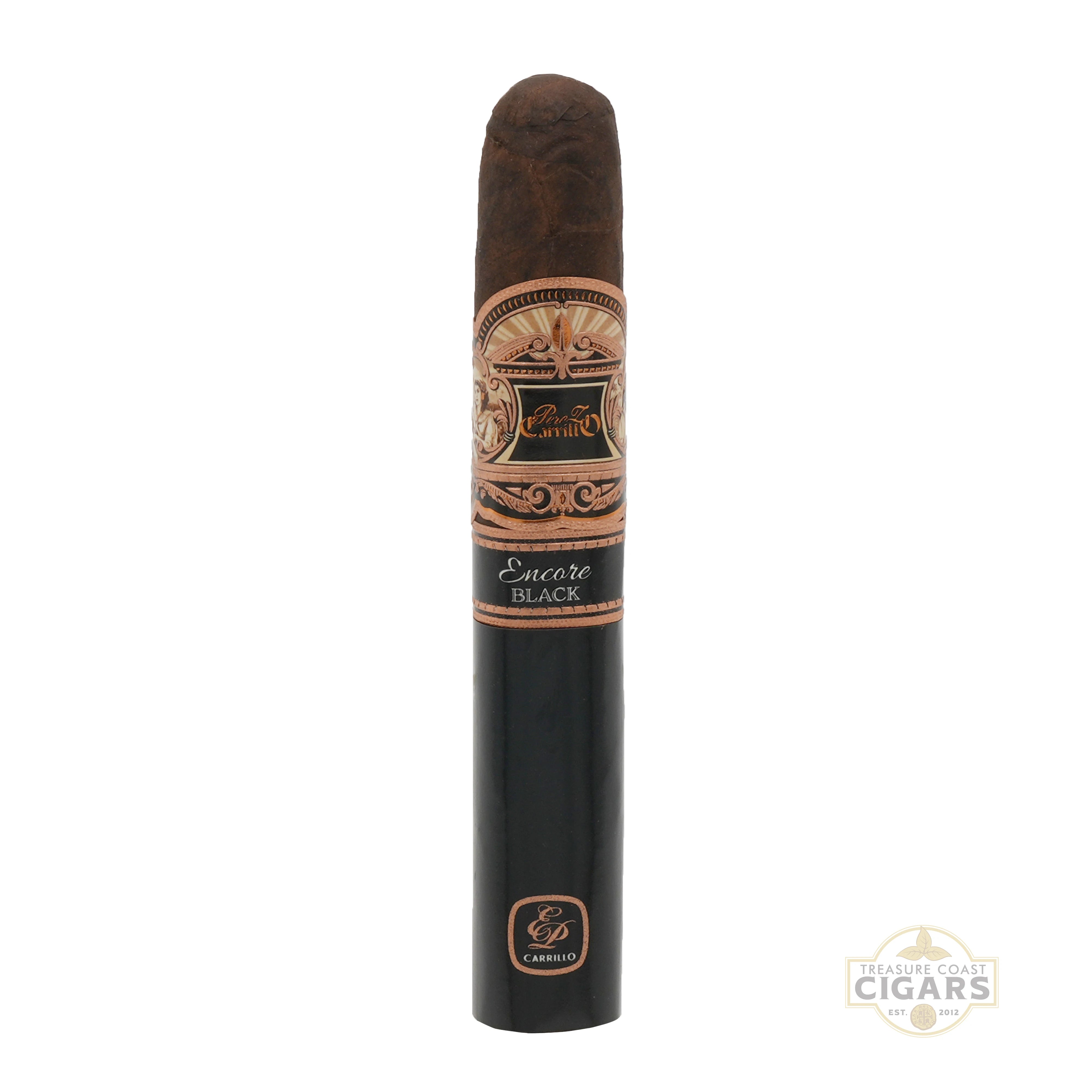 Encore Black Cigar with decorative band and black casing on a white background