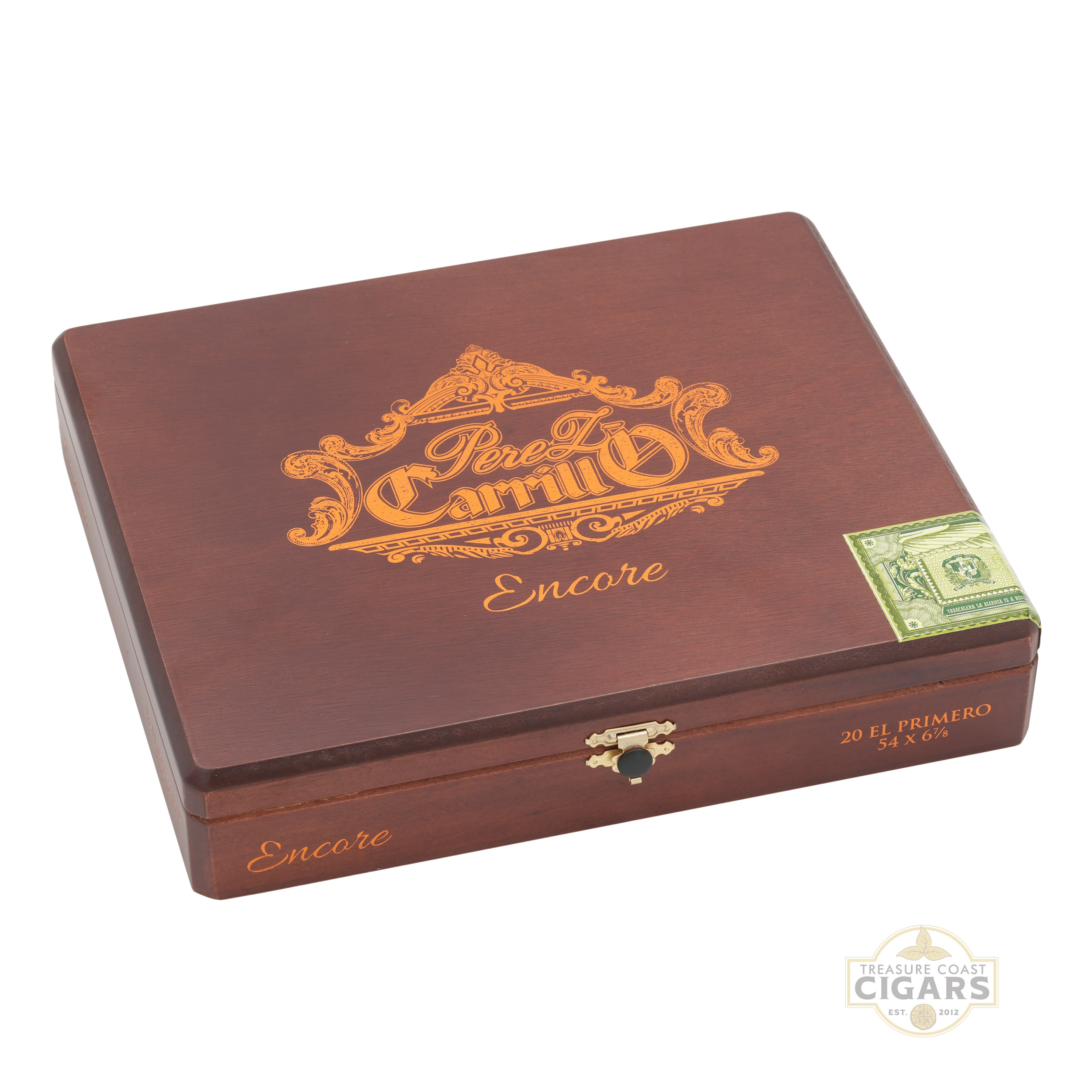 Wooden cigar box with 'Perez Carillo' branding on a white background