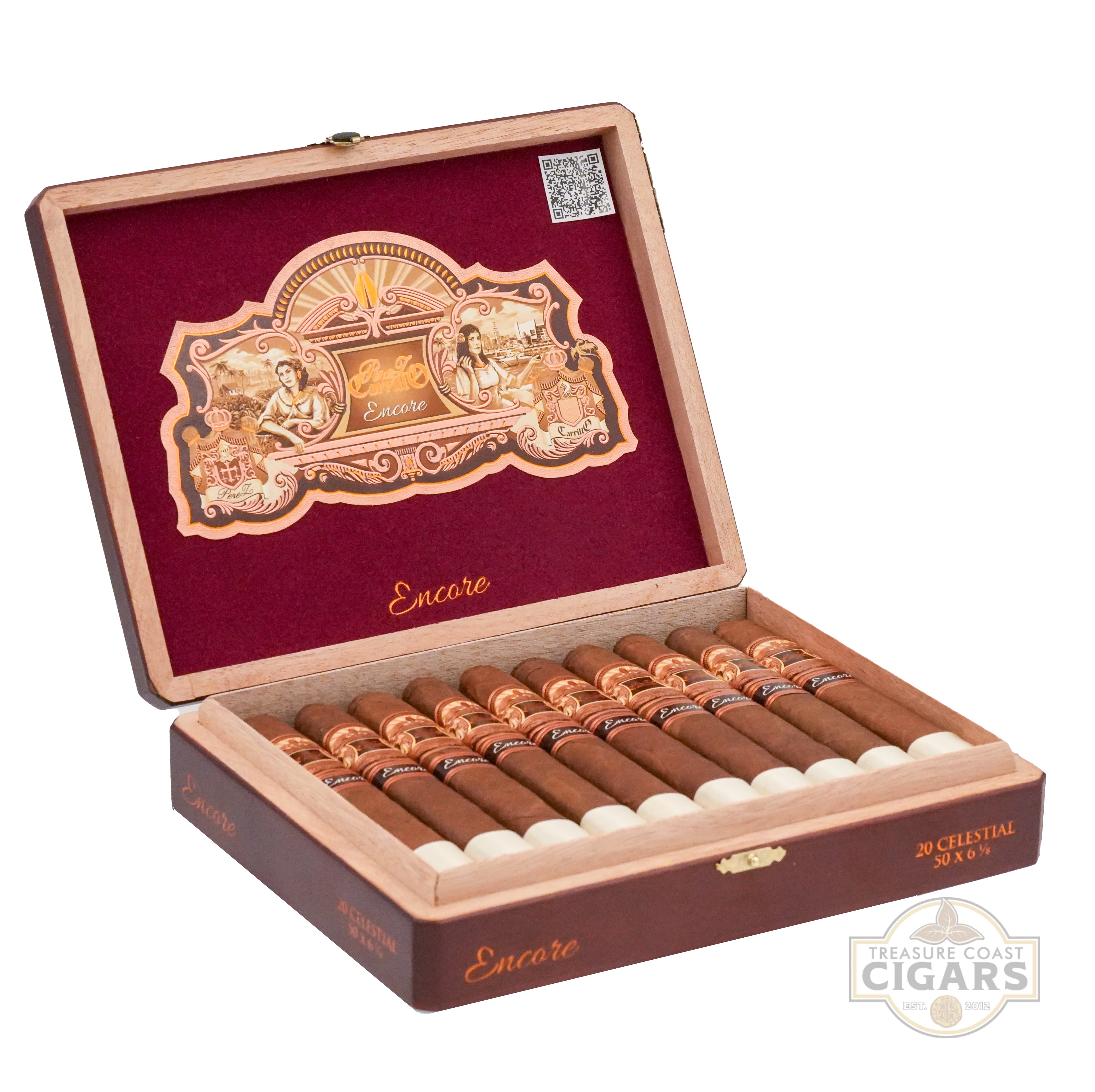Open wooden box of Encore cigars with a maroon interior lid on a white background.