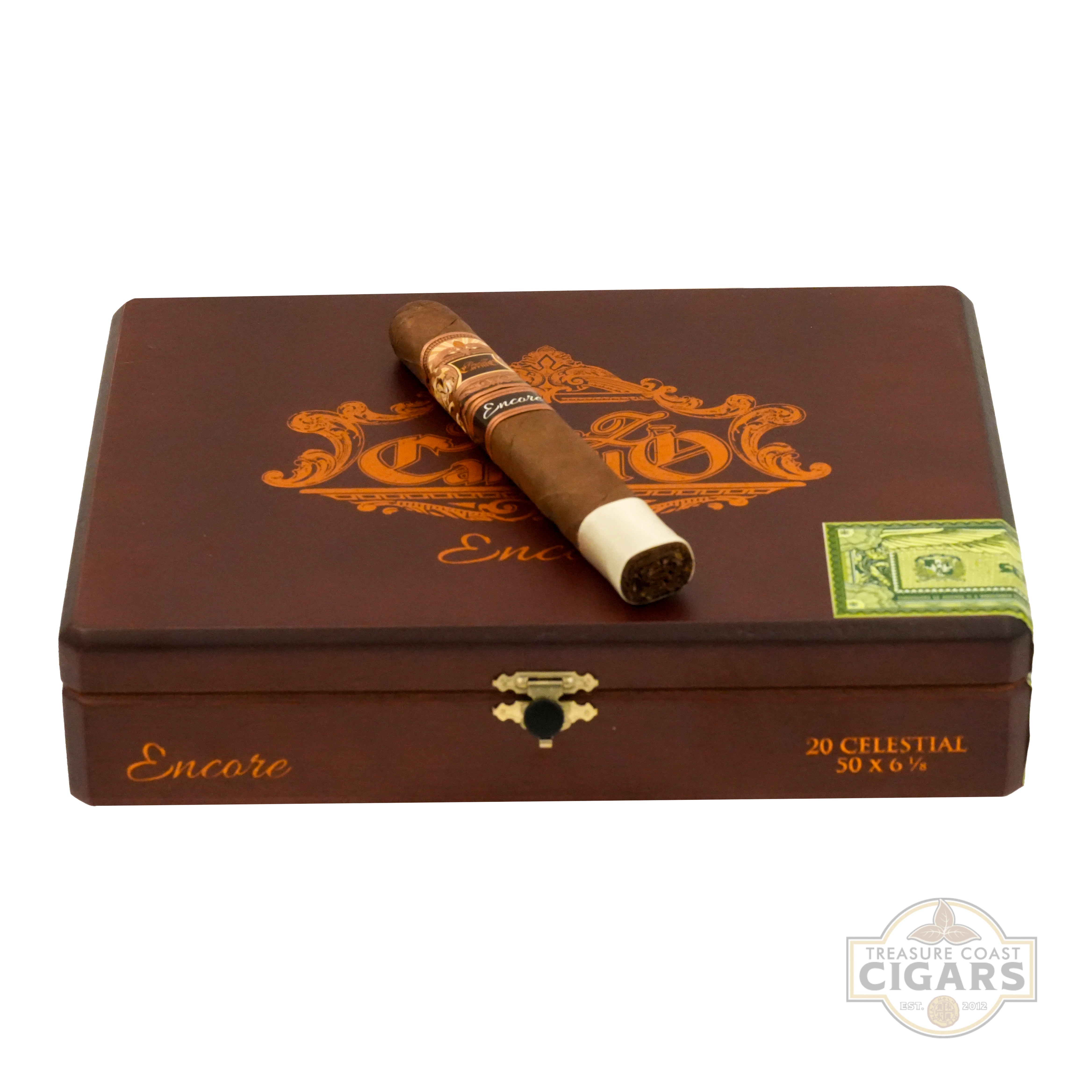 Cigar box with a single cigar on top, featuring the 'Encore' brand logo.