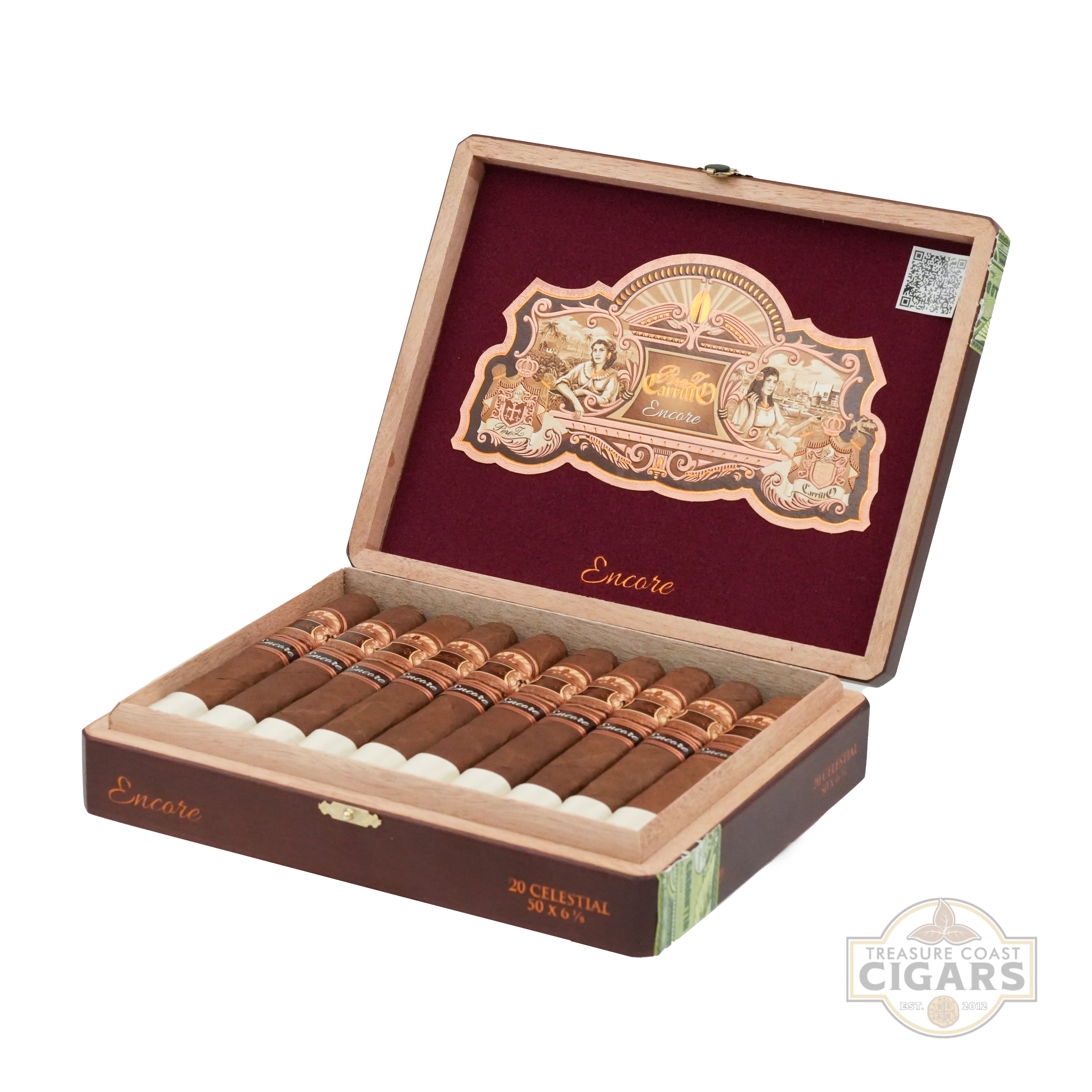 Open wooden box of cigars with decorative label on a white background