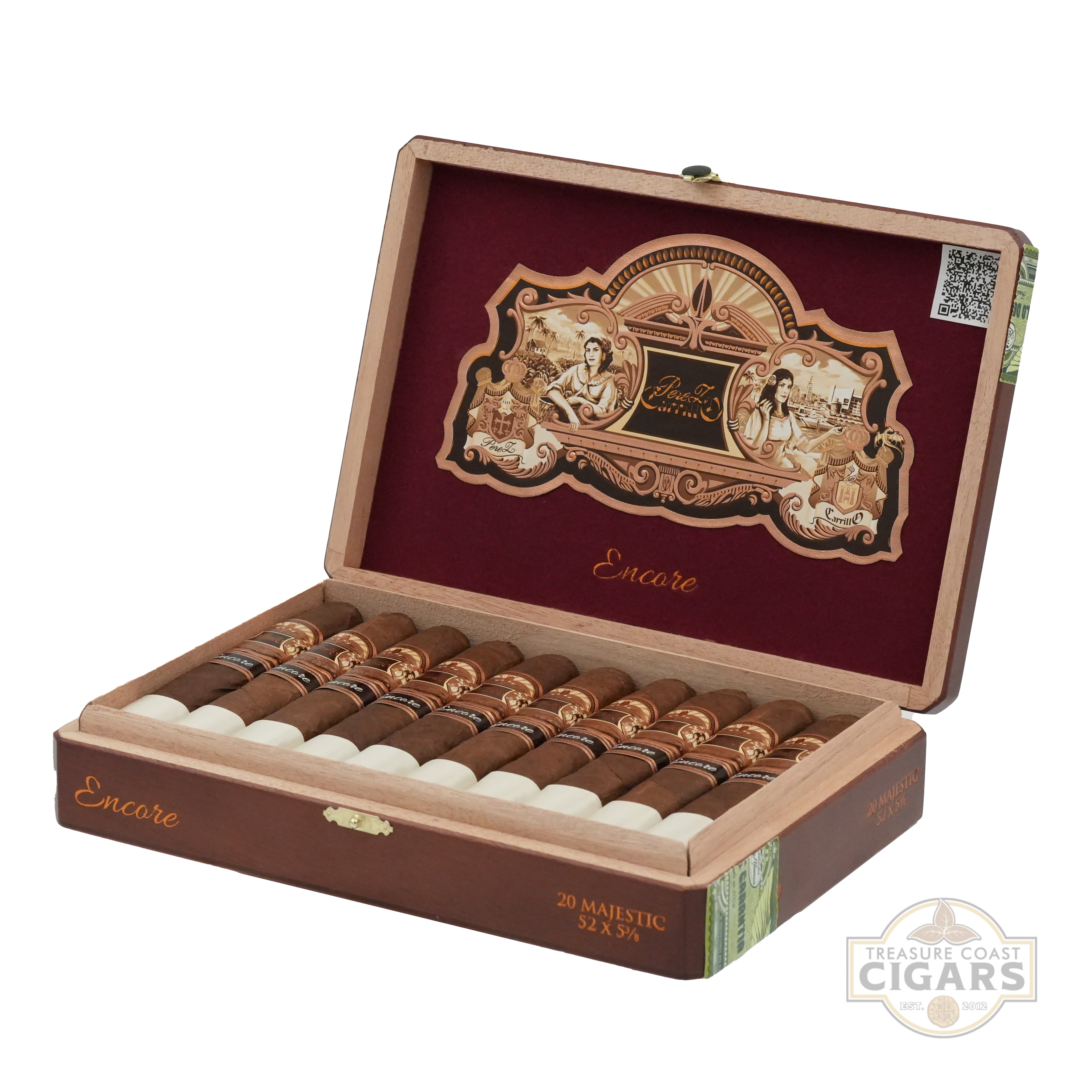 Open cigar box with cigars inside, featuring decorative interior and visible brand logo.