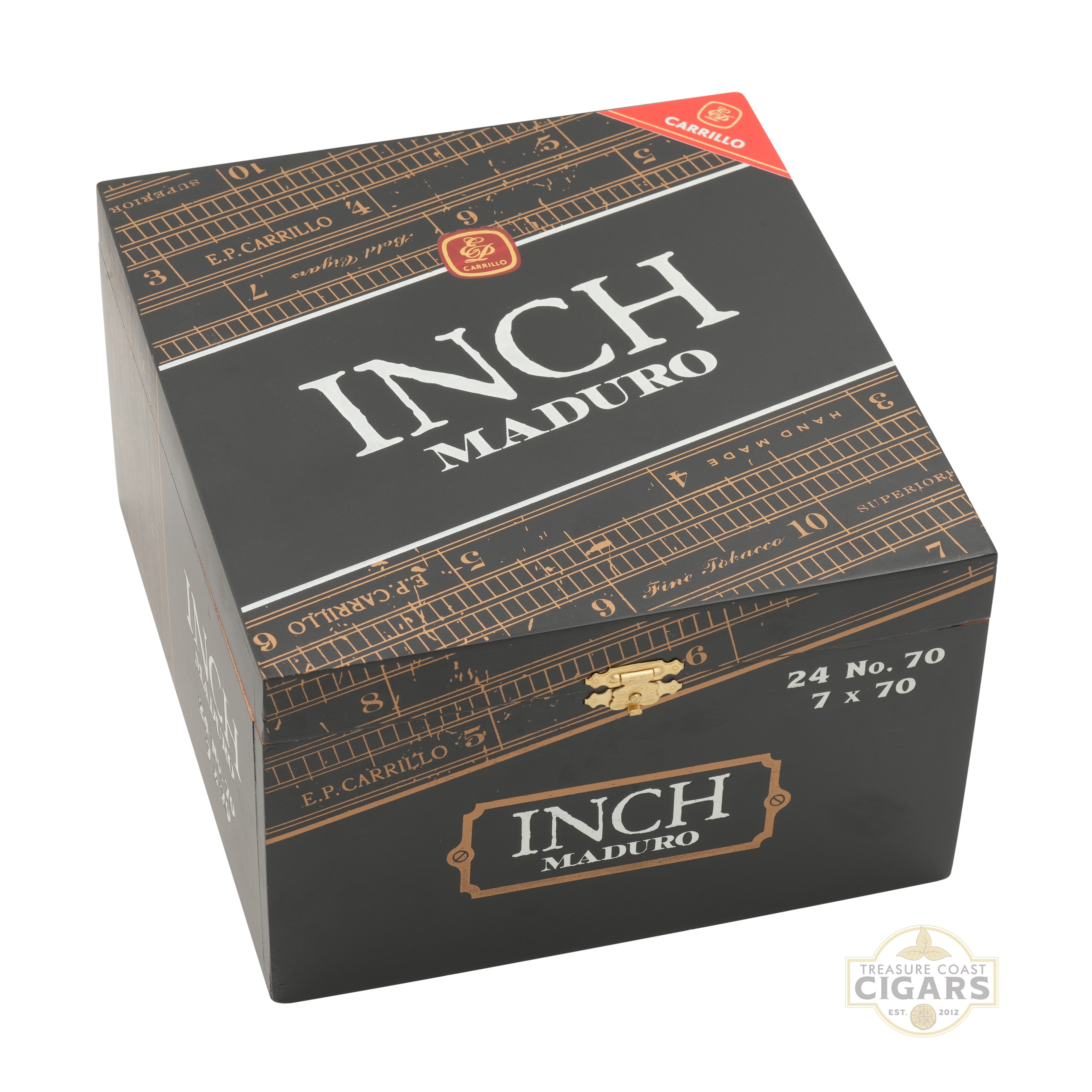 Box of Inch 70 Maduro cigars with detailed design on a white background