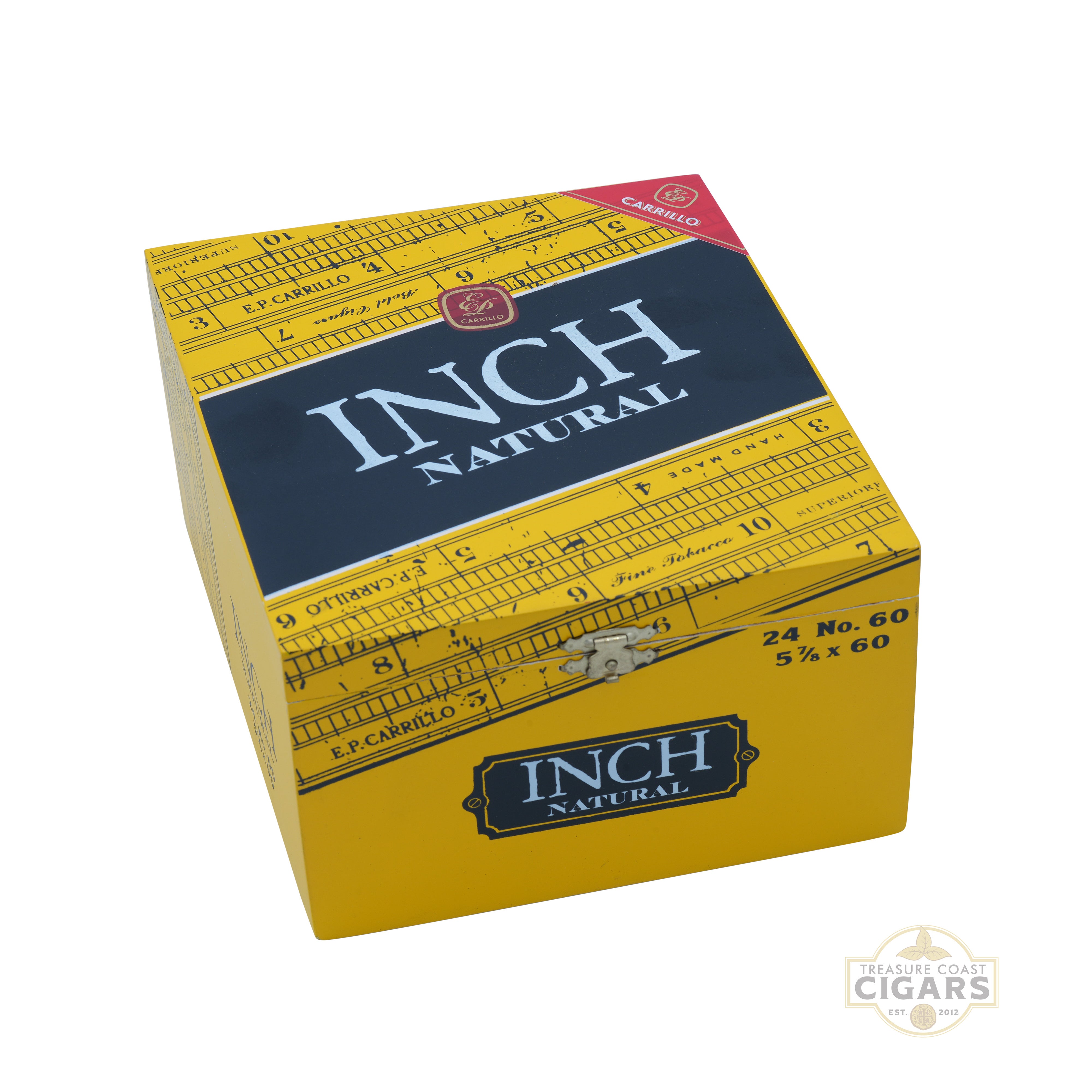Box of Inch Natural cigars with a ruler design on a white background