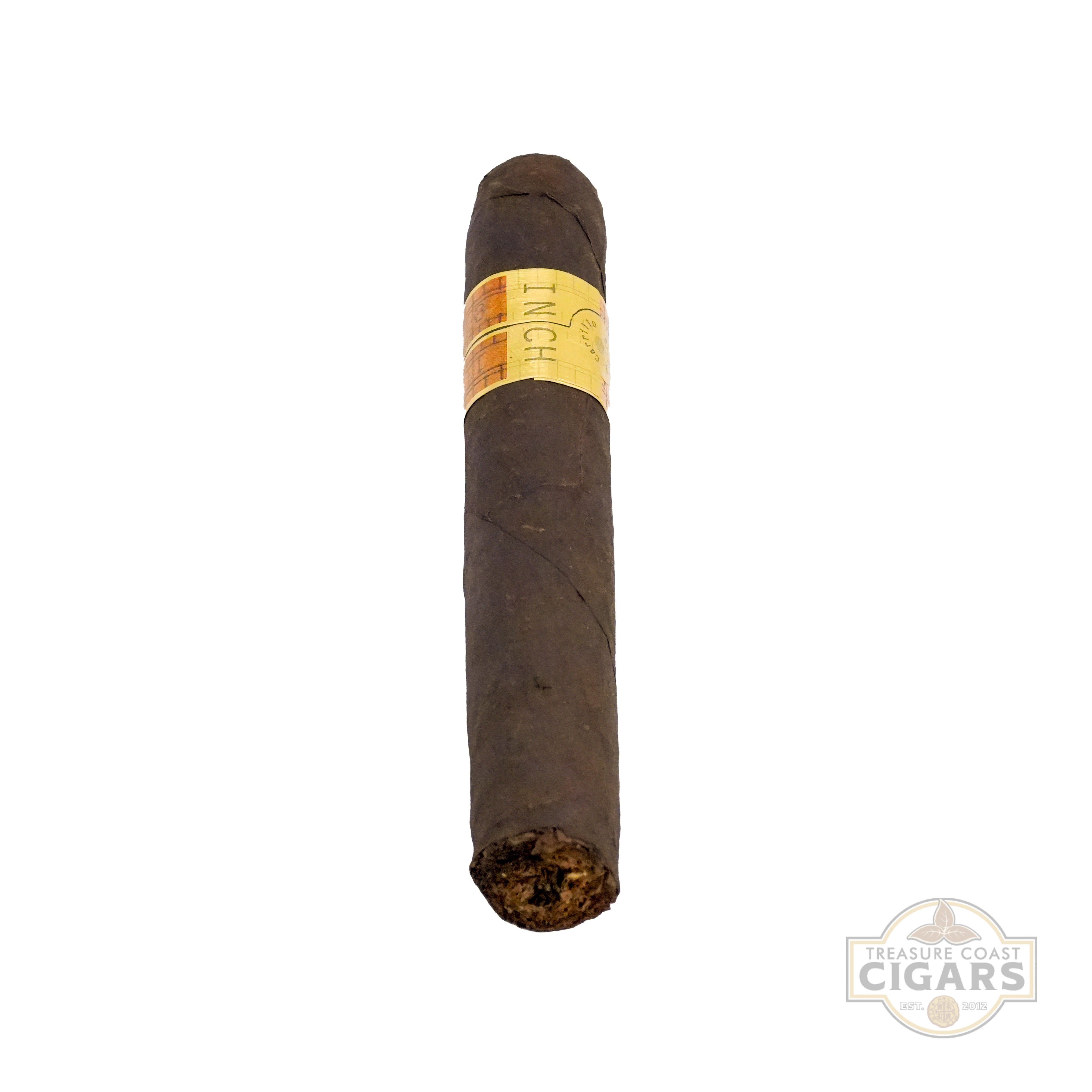 Cigar with a gold band on a white background, featuring the Treasure Coast Cigars logo.