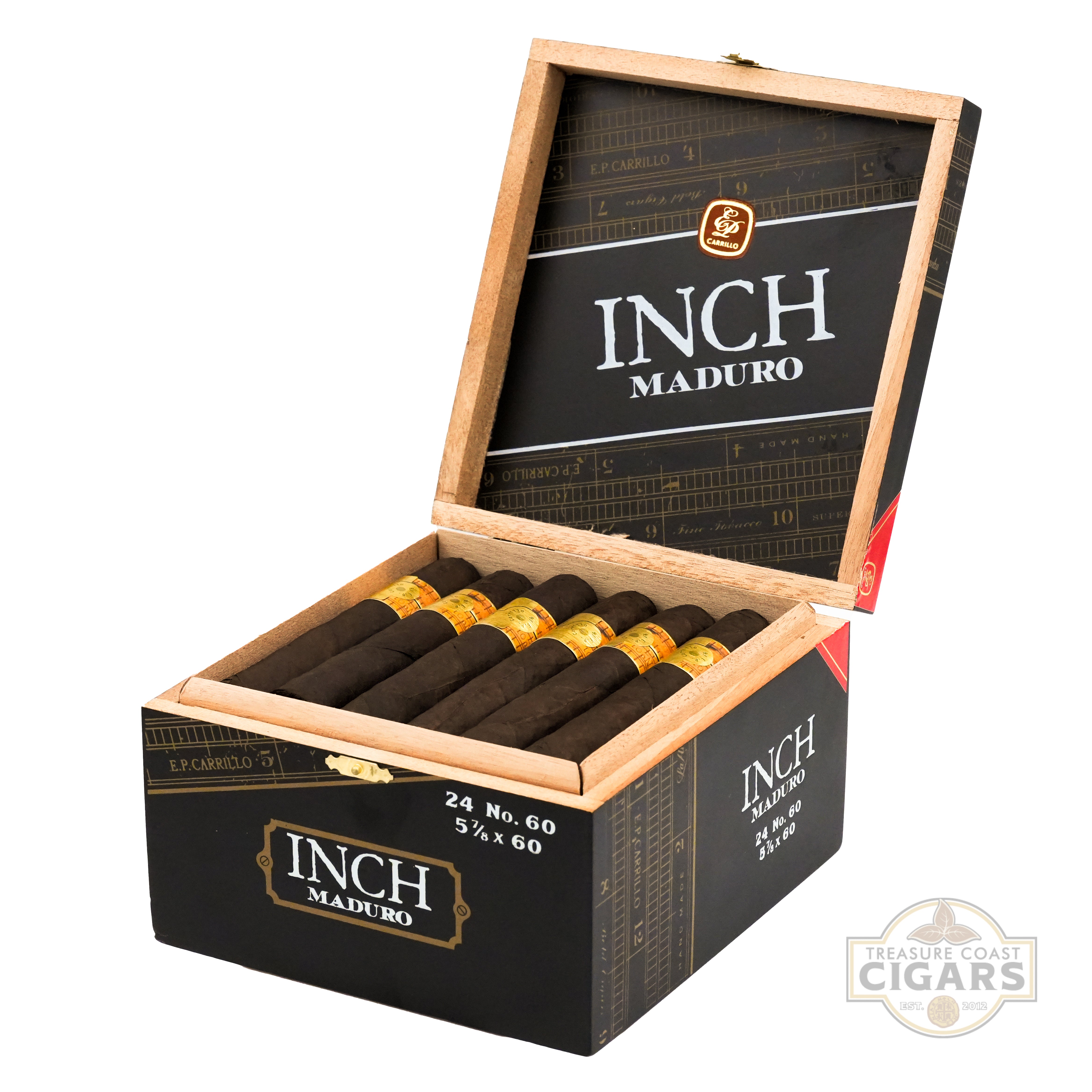 Open box of Inch Maduro cigars with visible branding on a white background
