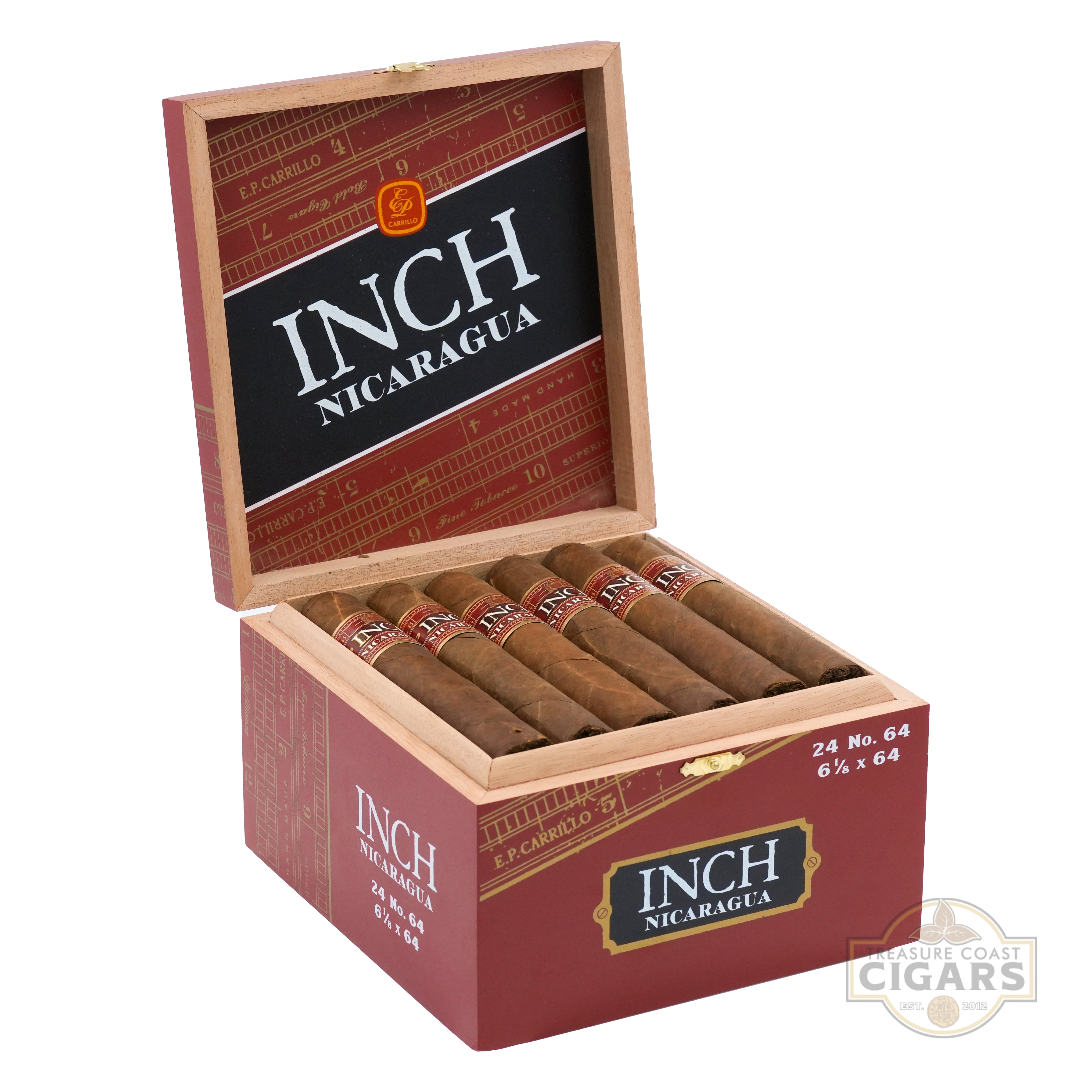 Open box of Inch Nicaragua cigars with cigars visible inside on a white background