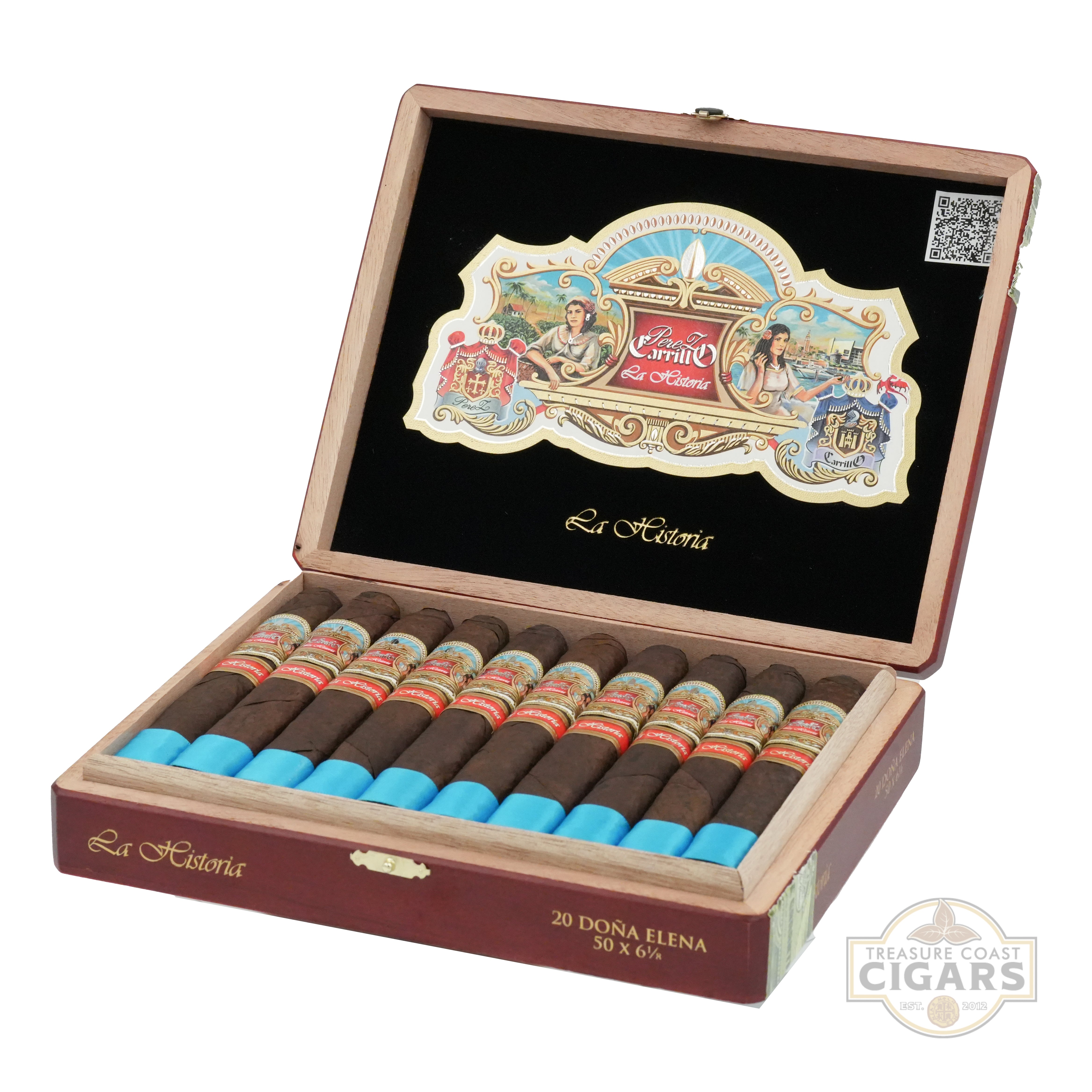 Open wooden box of cigars with visible branding on a white background