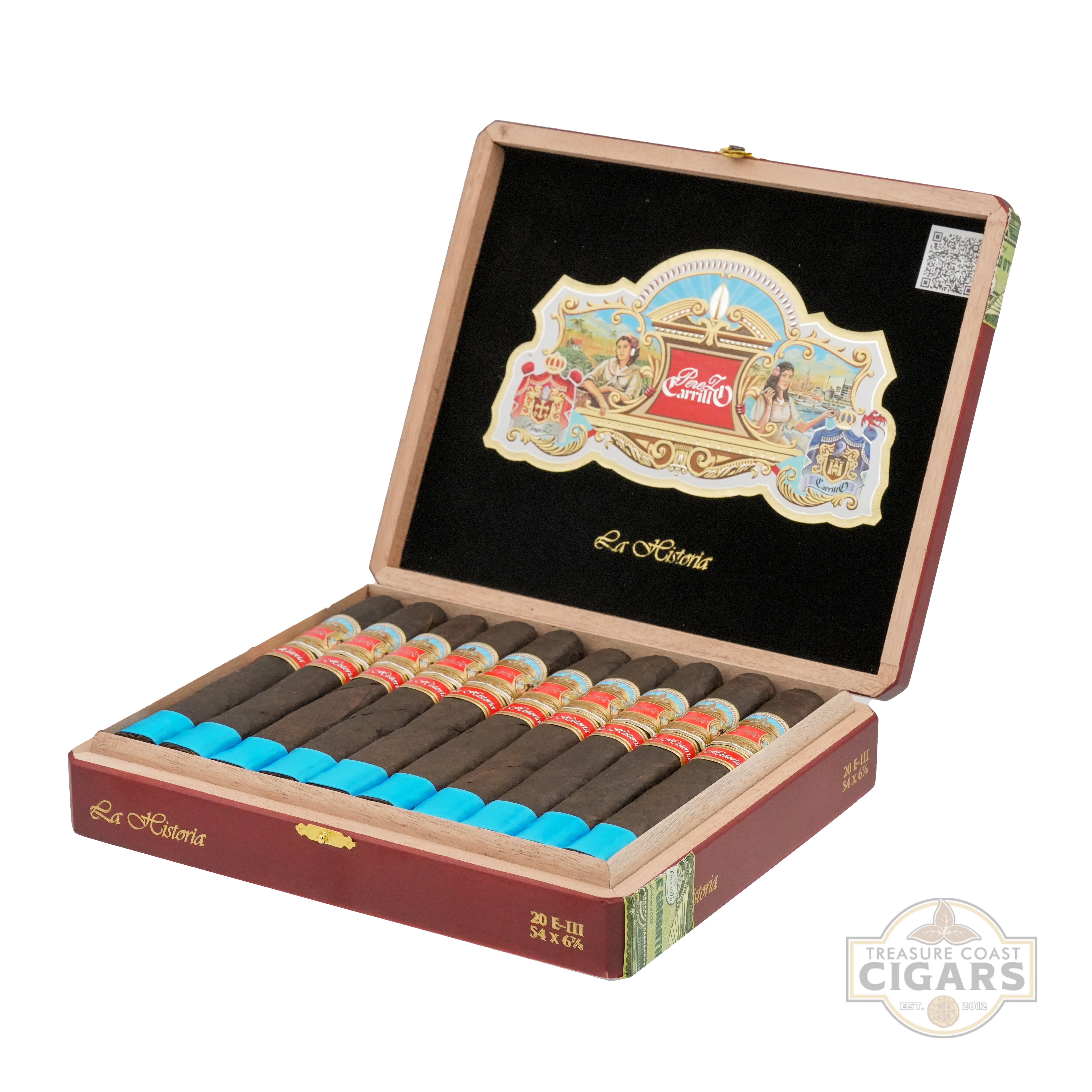 Open wooden box of cigars with colorful band and visible brand logo on a white background.