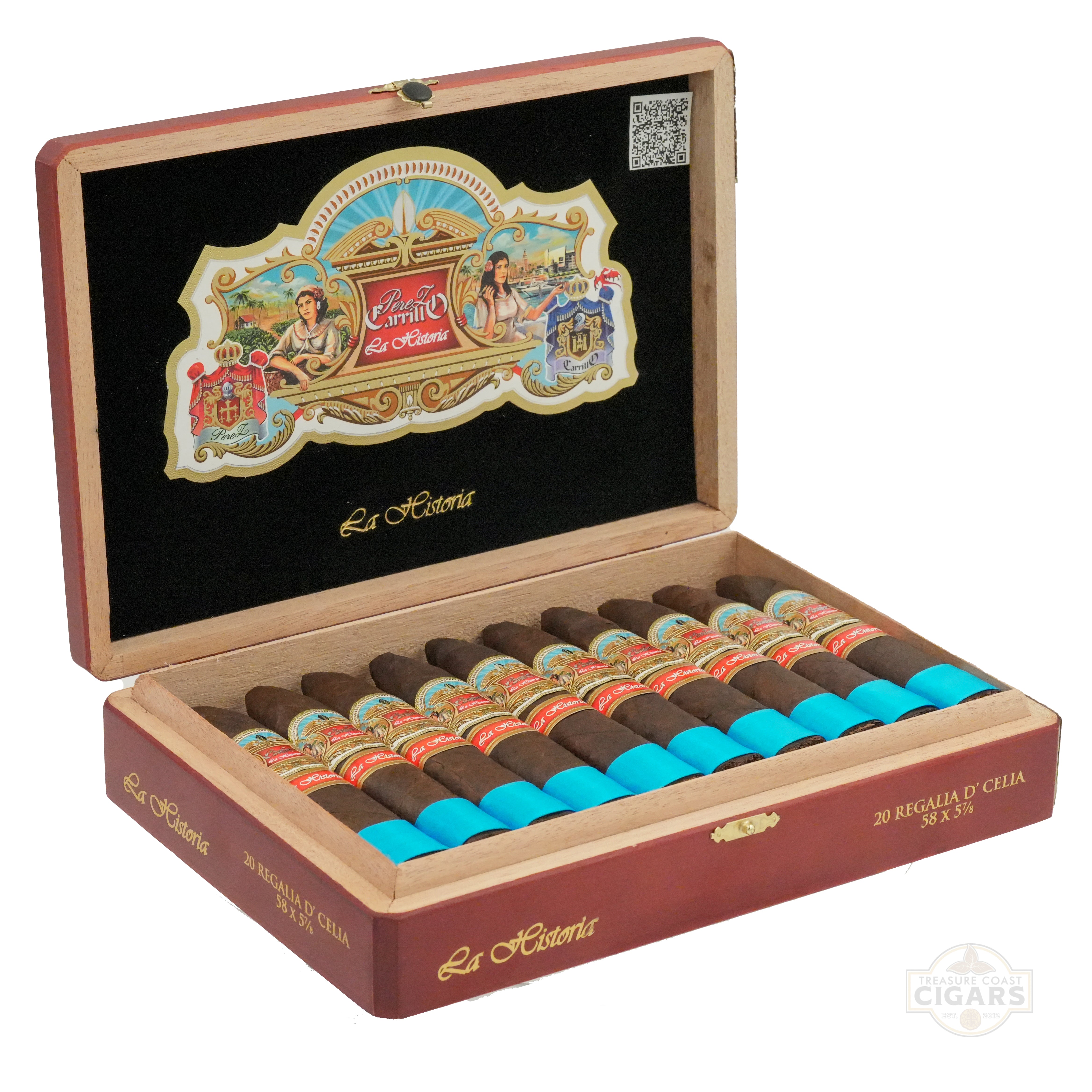 Open wooden box of cigars with colorful labels on a white background