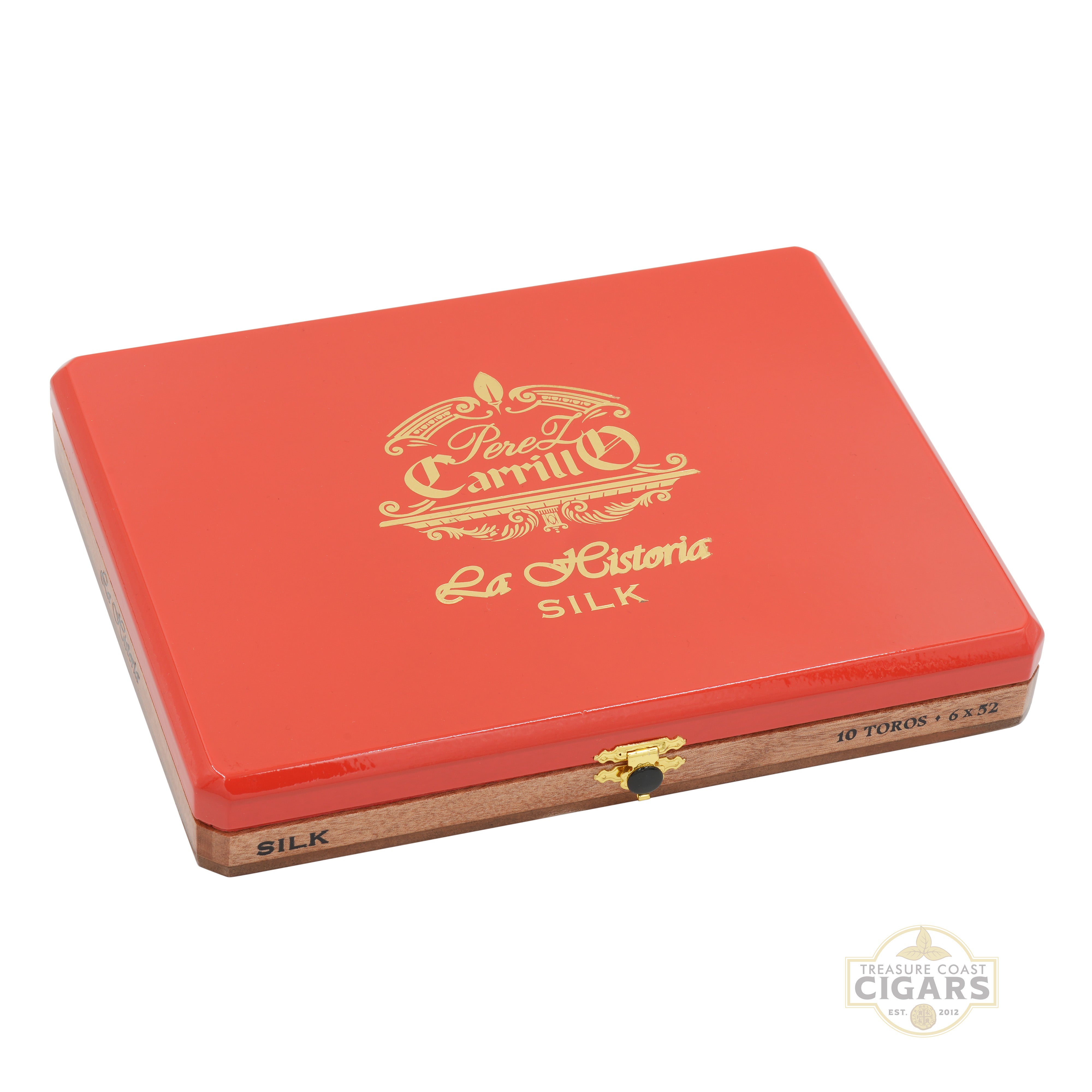 Red and gold cigar box with 'La Historia Silk' branding on a white background
