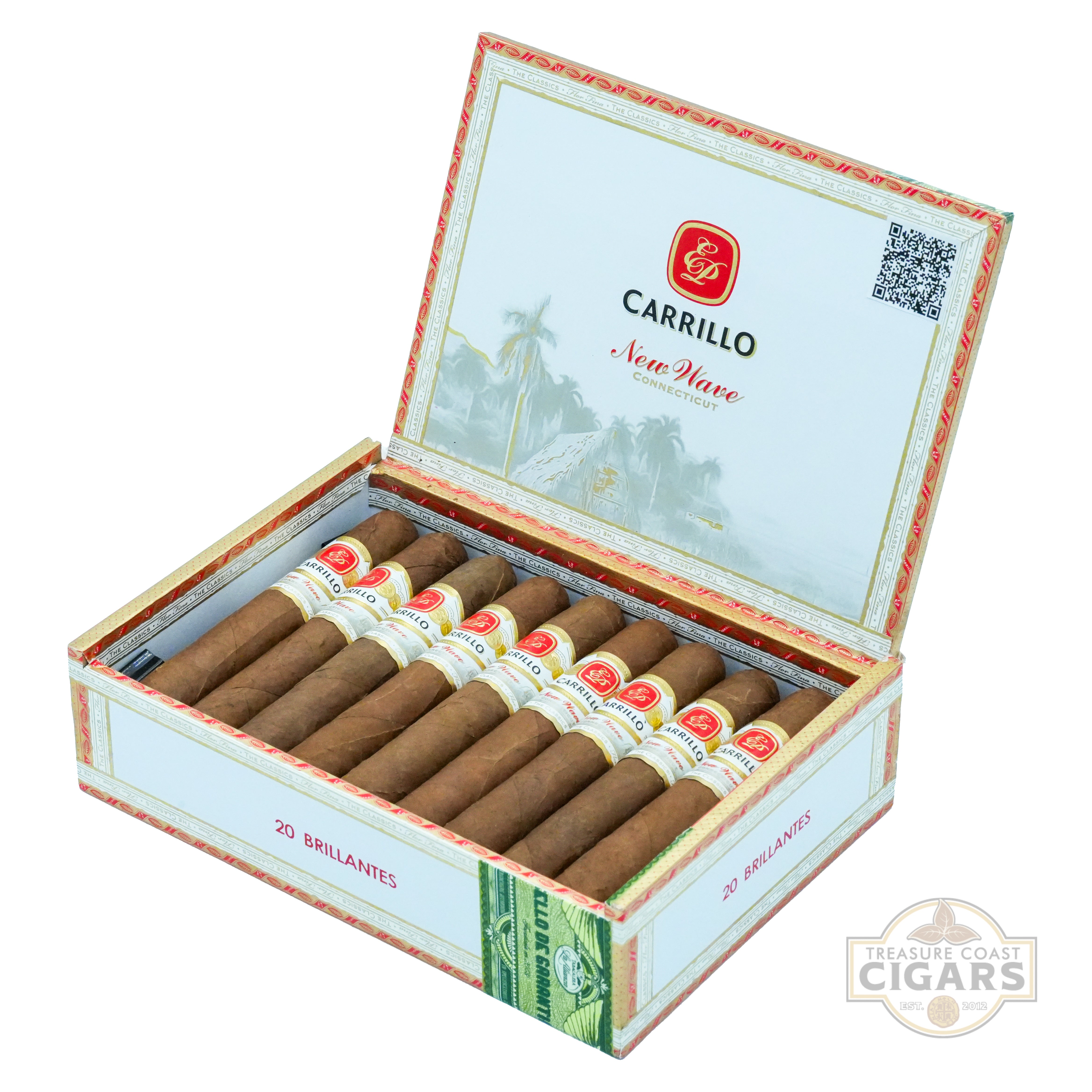 Open box of Carrillo cigars with visible branding on a white background