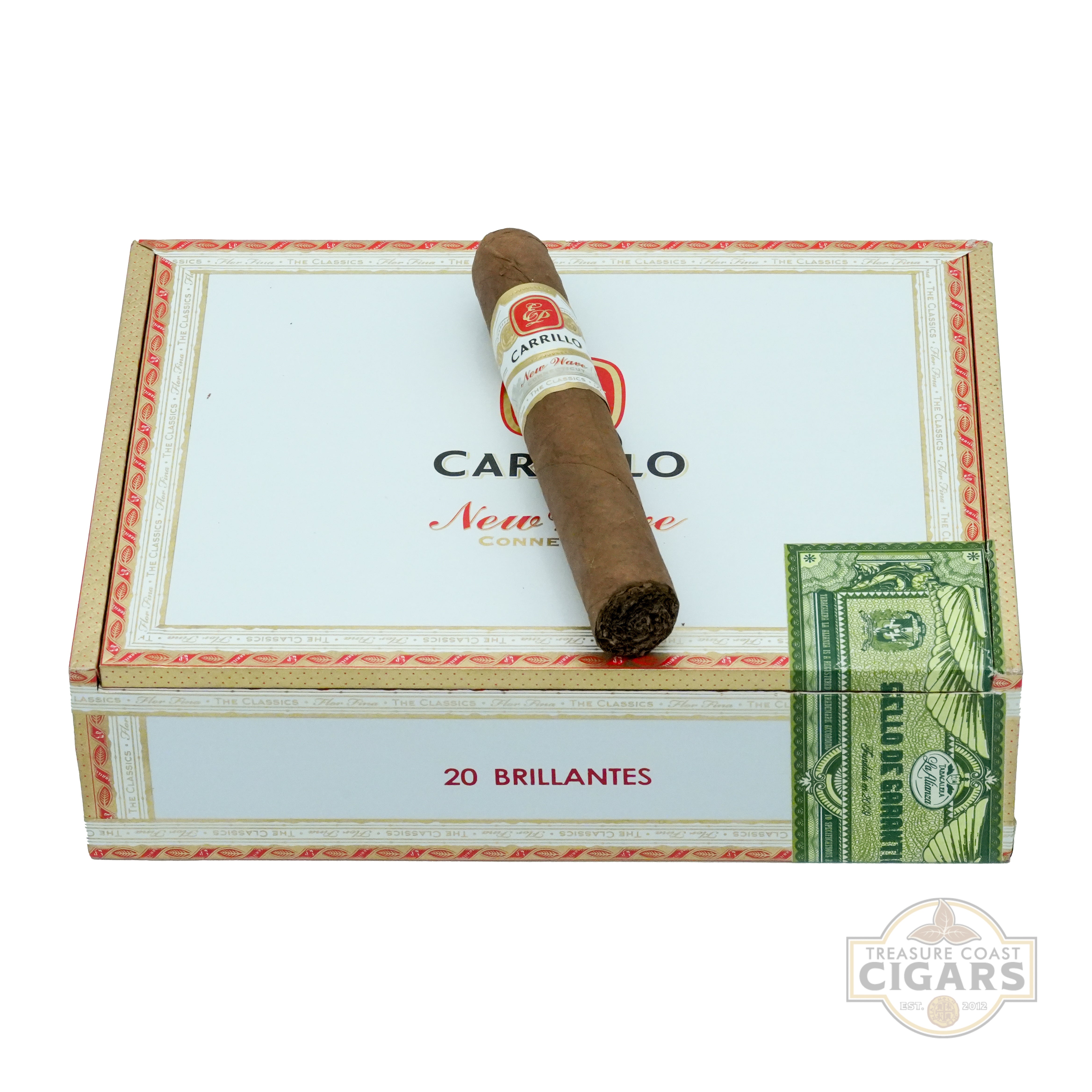 Cigar and box with 'Carrillo' branding on a white background