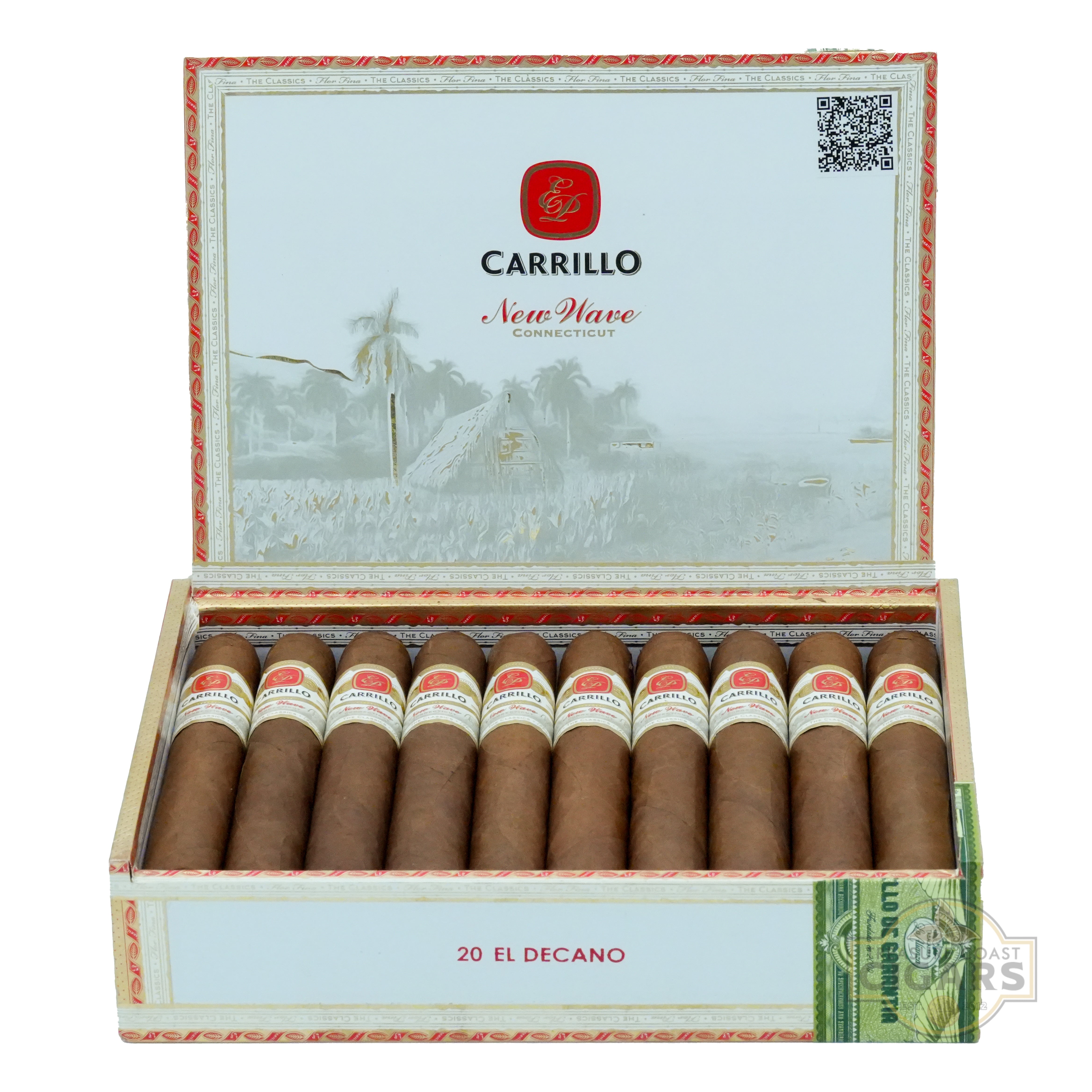 Box of Carrillo cigars with visible branding and product details.