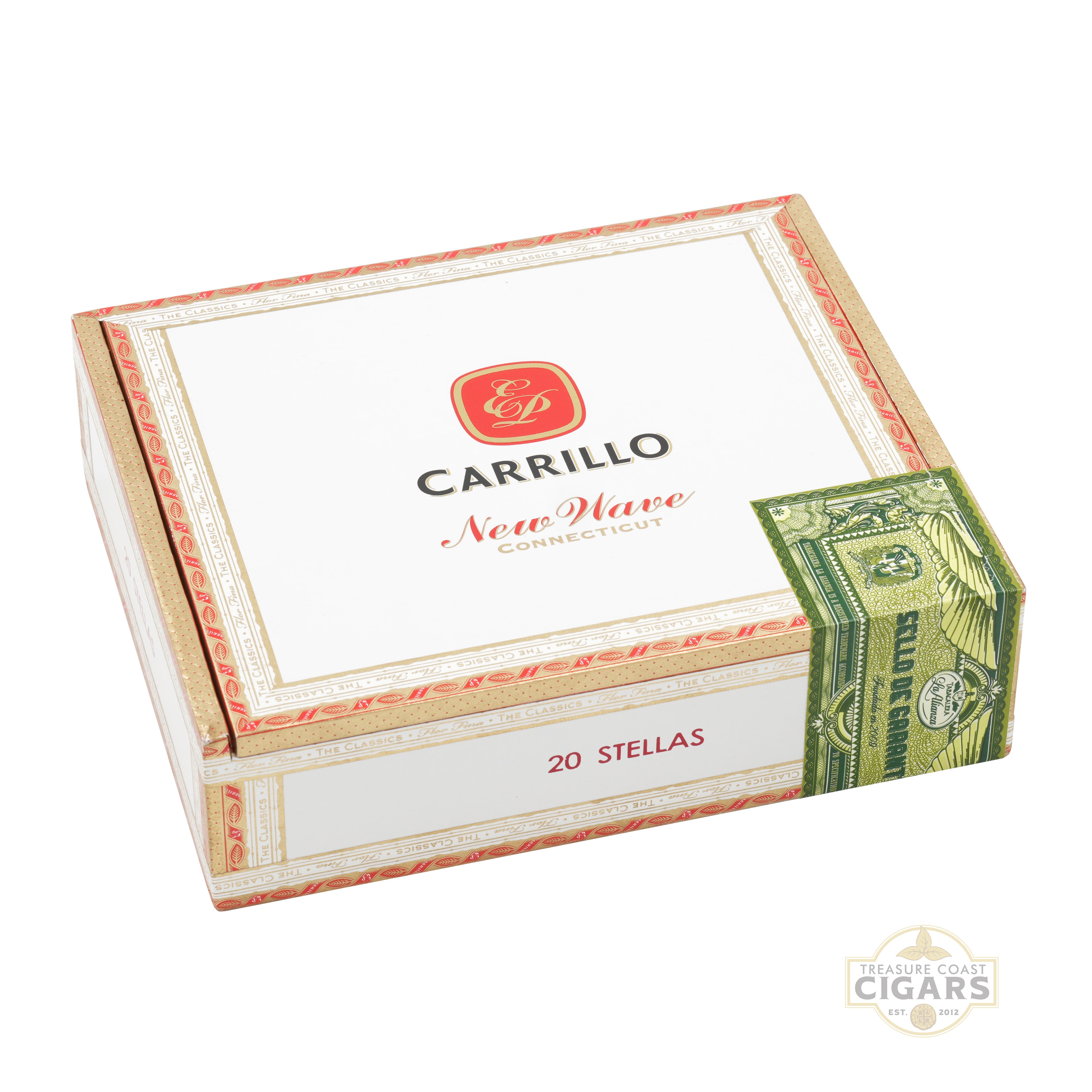 Cigar box with Carrillo New Wave Connecticut branding on a white background