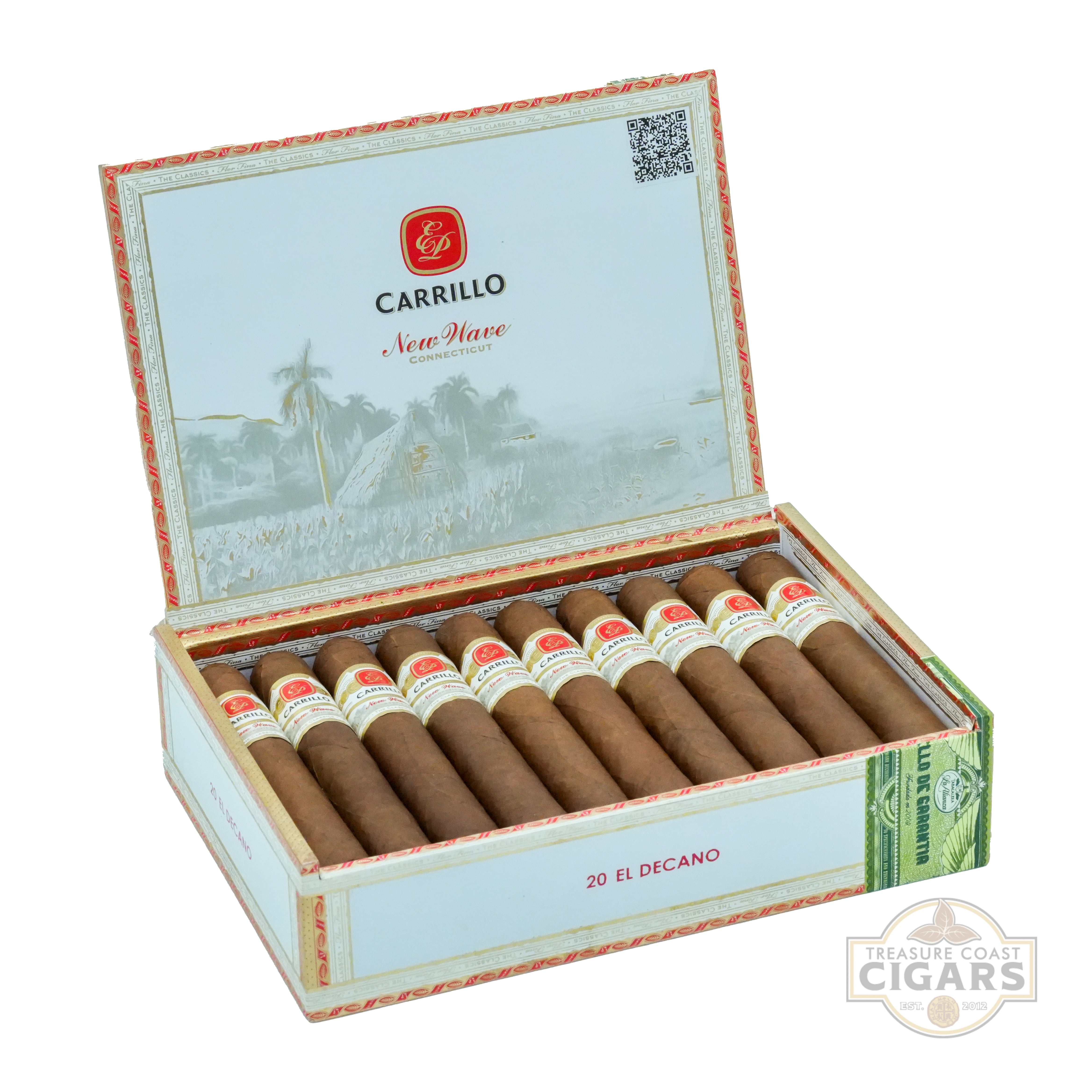 Open box of Carrillo cigars with a scenic label on a white background