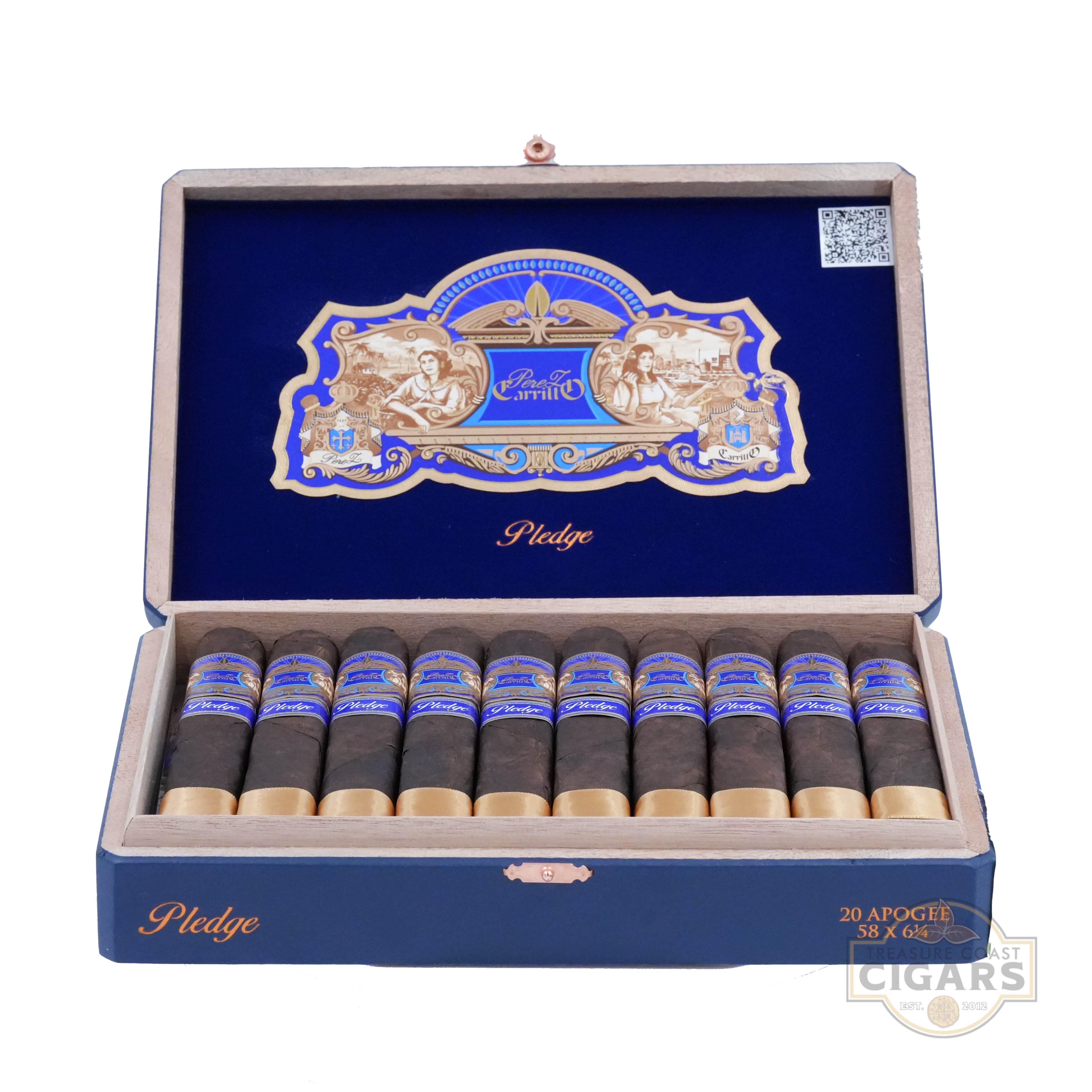 Open box of Pledge cigars with blue and gold design on a white background