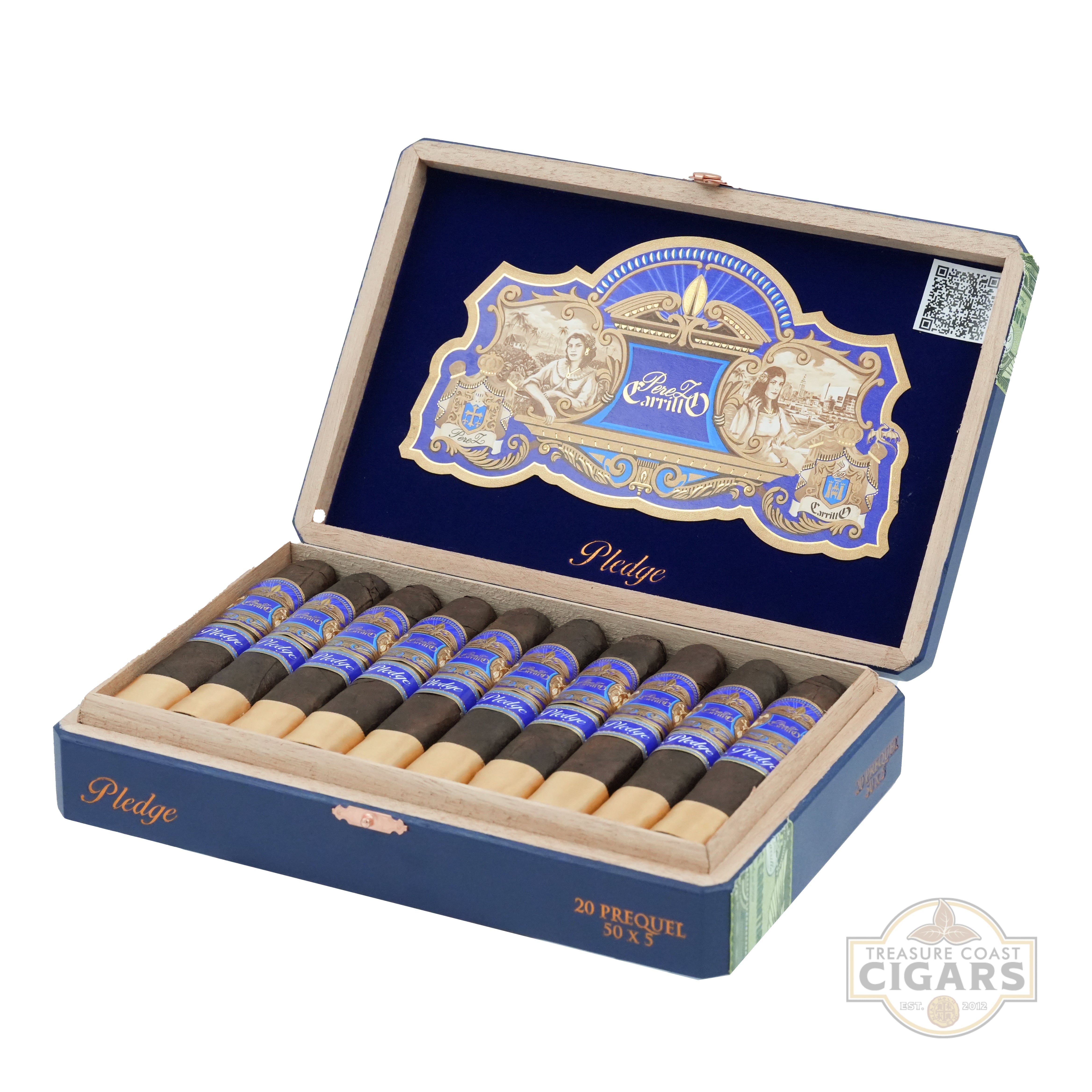 Open box of cigars with a visible Pledge logo on a white background