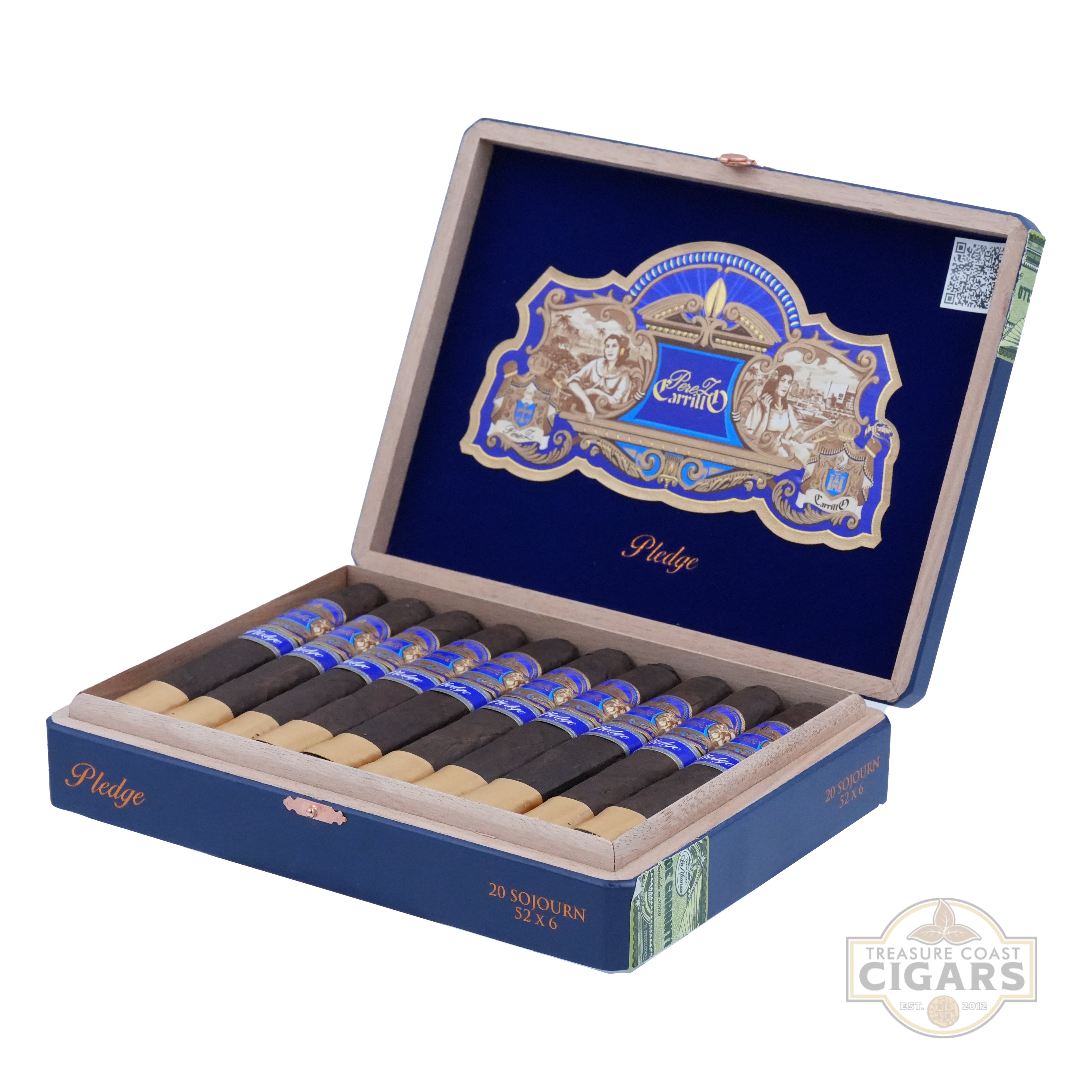 Open box of cigars with a prominent brand logo on a white background