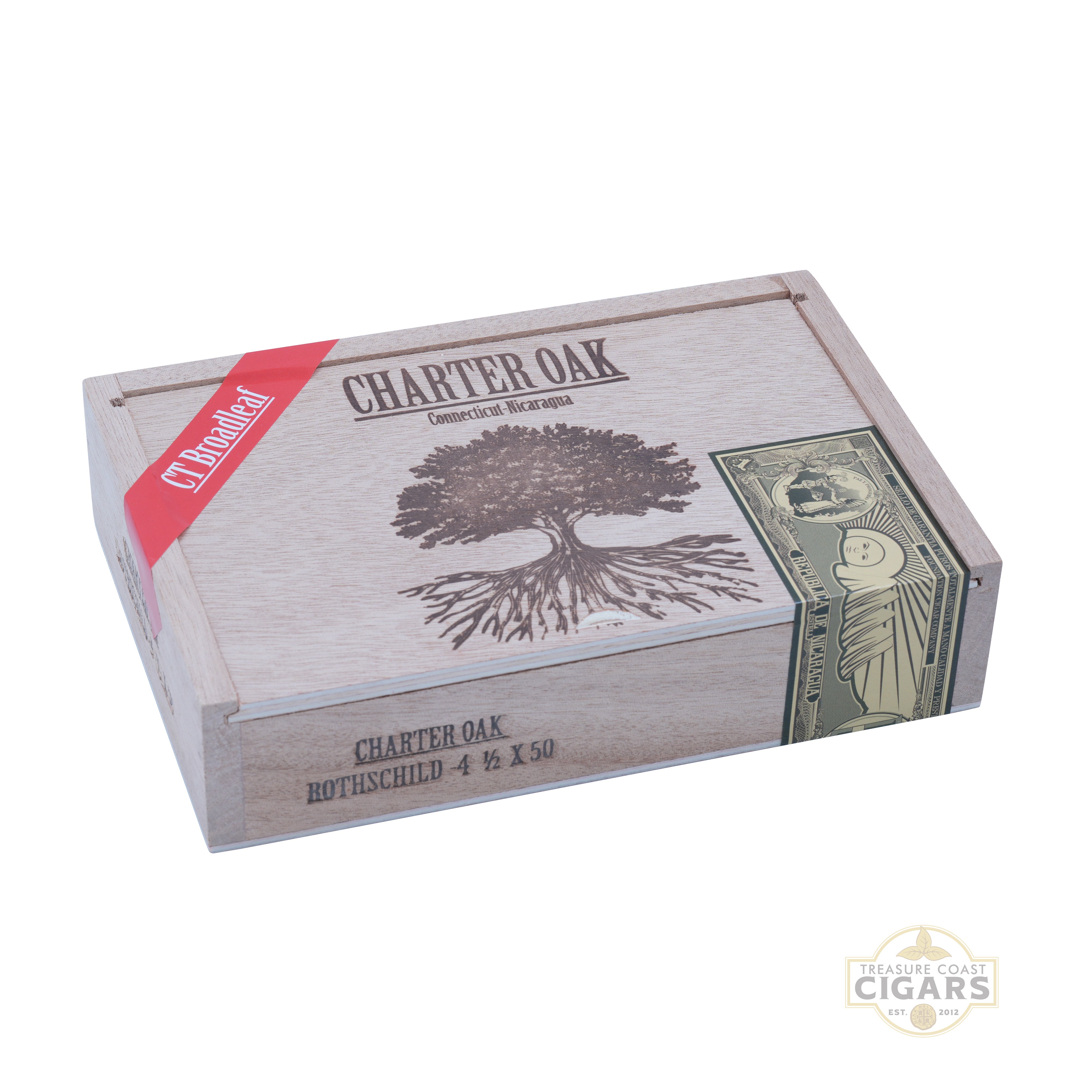 Cigar box with 'Charter Oak' branding and tree design on a white background