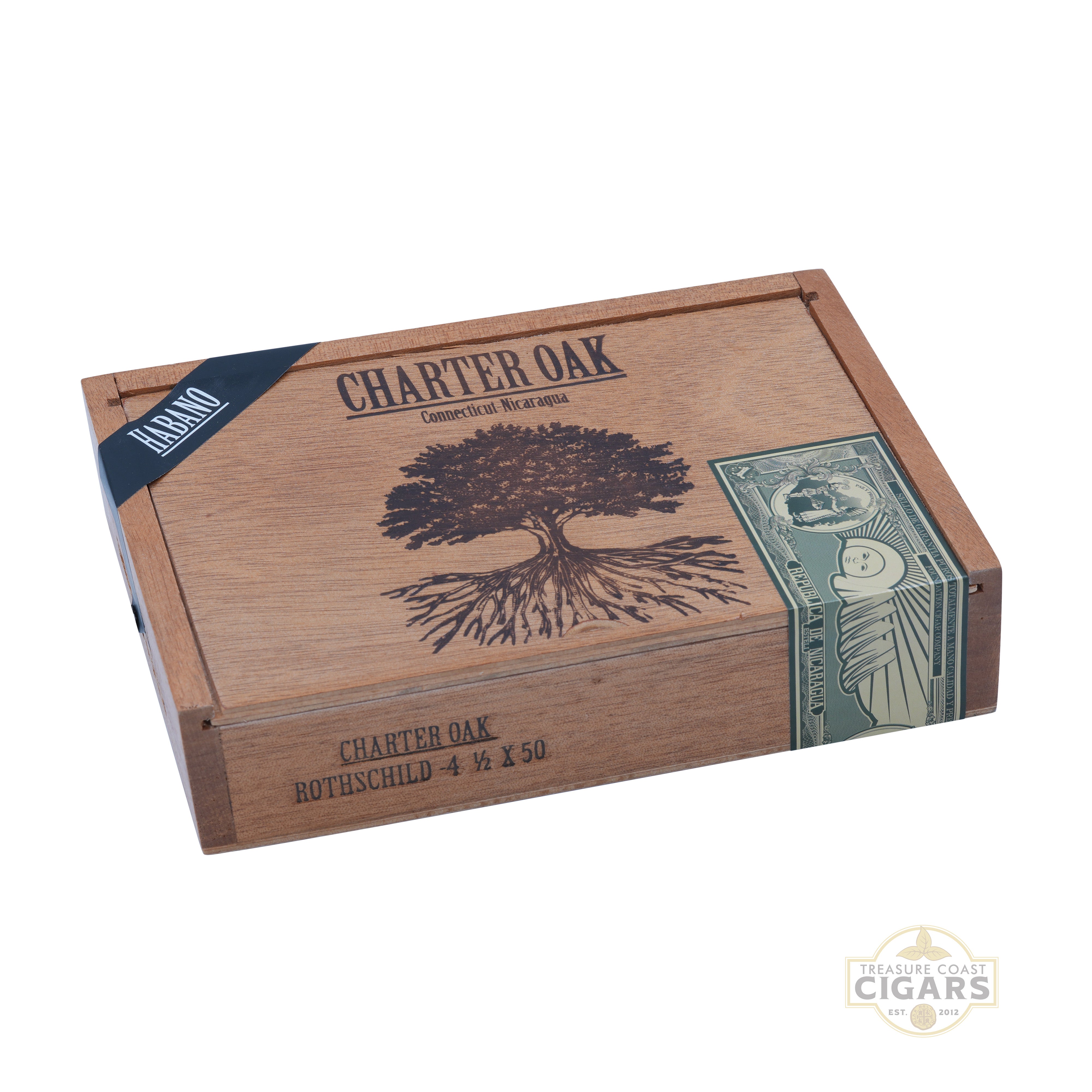 Wooden cigar box with 'Charter Oak' branding and tree design on a white background