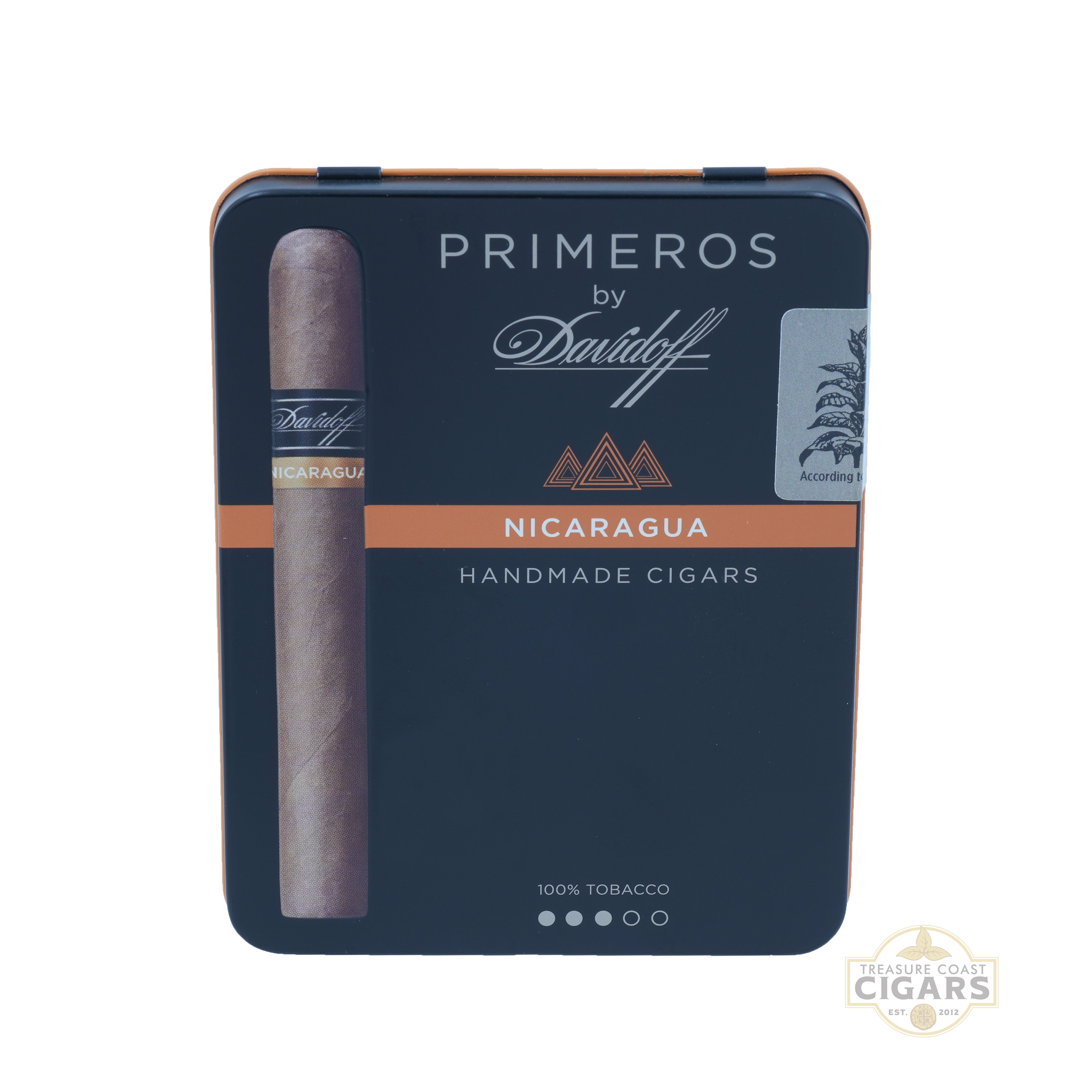 Cigar tin with a single cigar and 'Primeros by Davidoff' branding on a white background