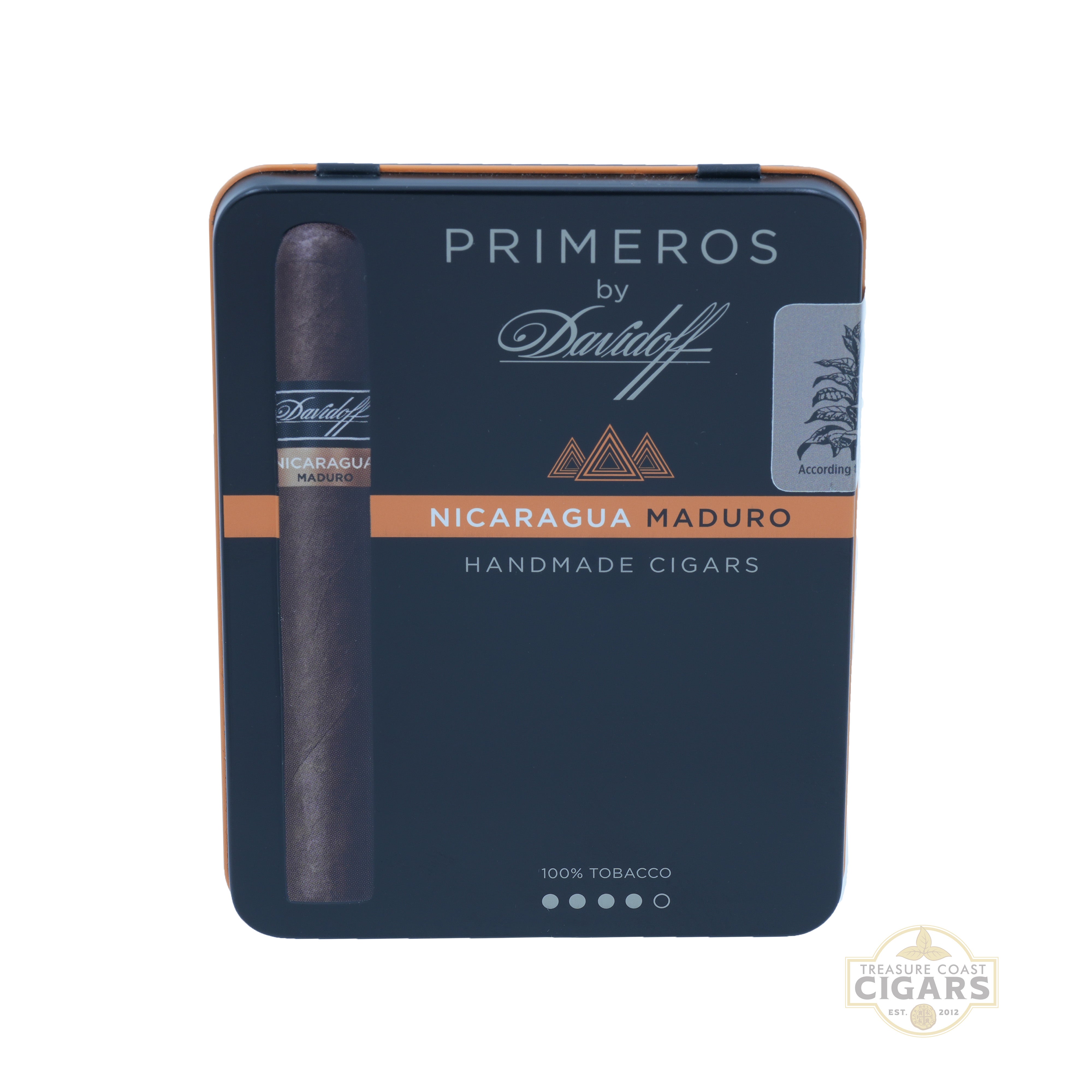Cigar in a tin with 'Primeros by Davidoff' branding on a white background