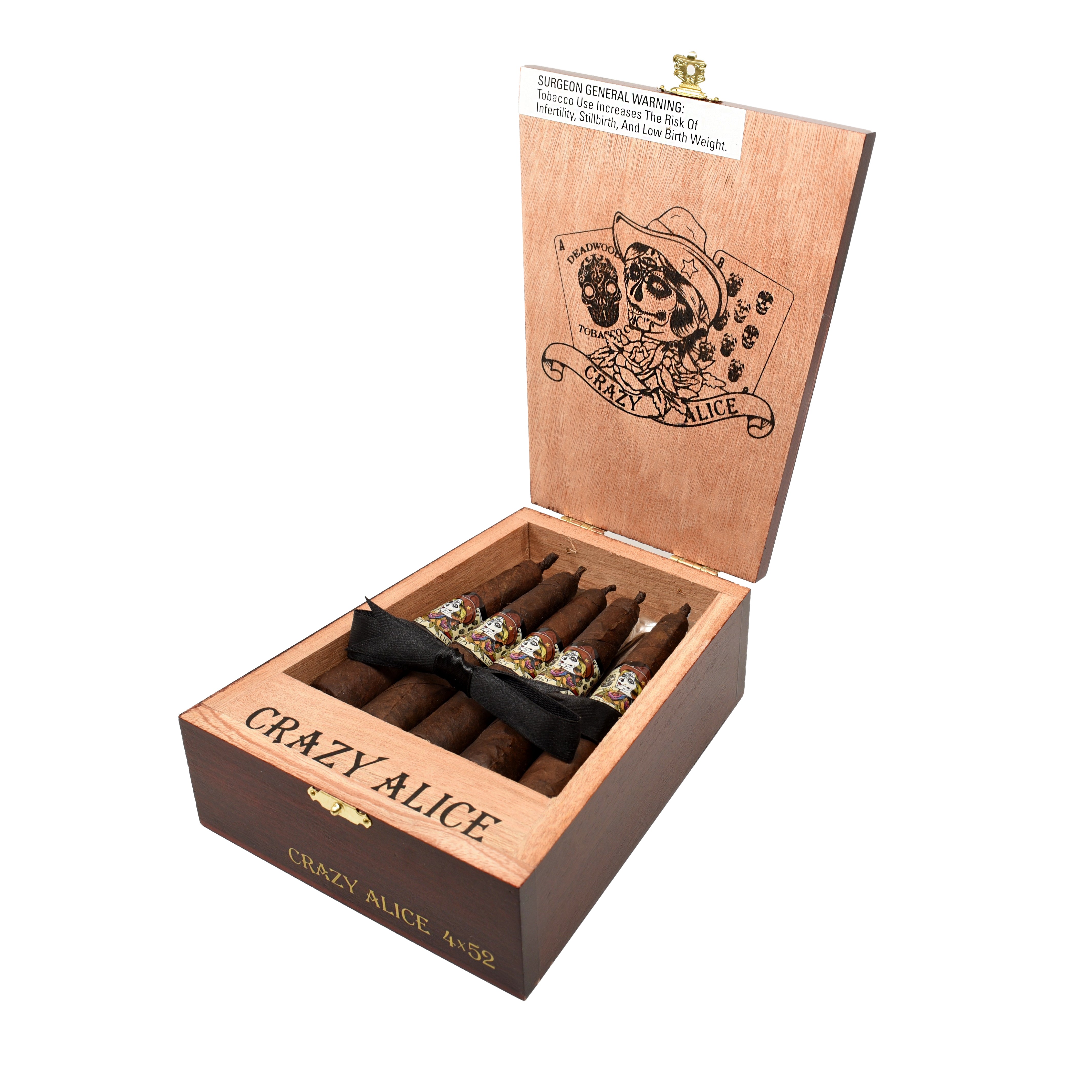 Open wooden box of 'Crazy Alice' cigars with cigars inside on a white background