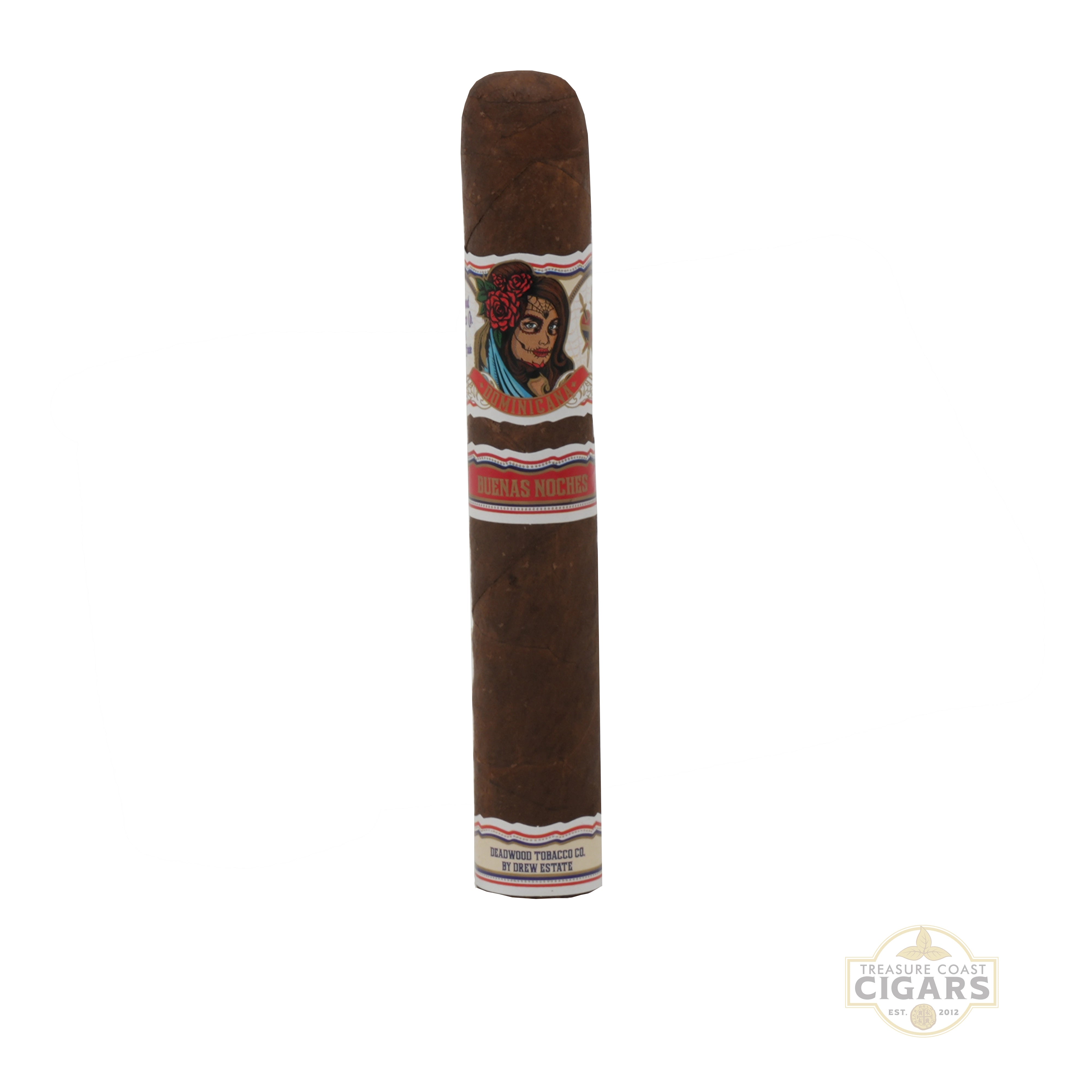 Deadwood Dominicana Buenas Noches Gordo Cigar with decorative band featuring a face on a white background