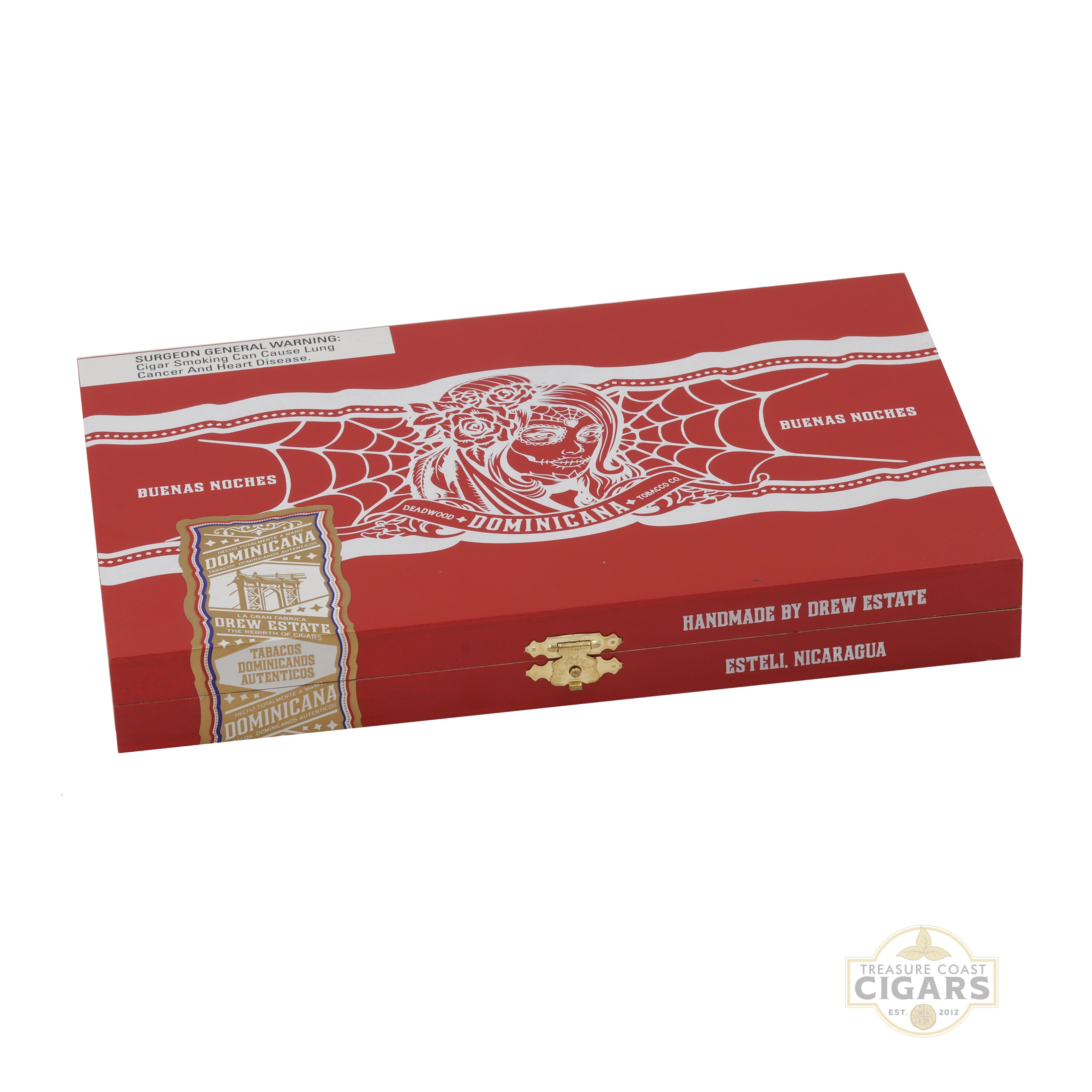 Red and white Deadwood Dominicana Buenas Noches cigar box with branding on a white background