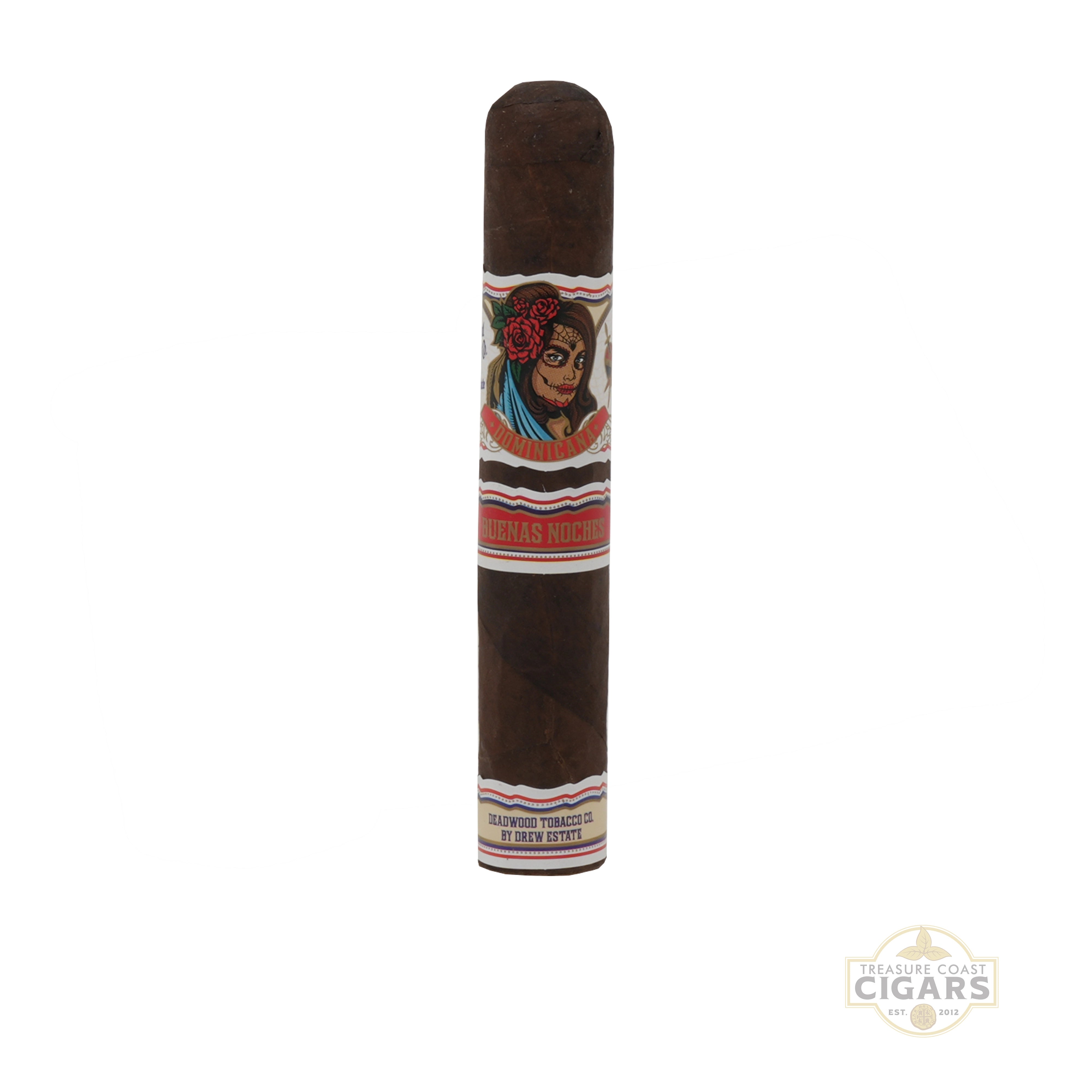 Deadwood Dominicana Buenas Noches Cigar with a decorative band featuring a face design on a white background
