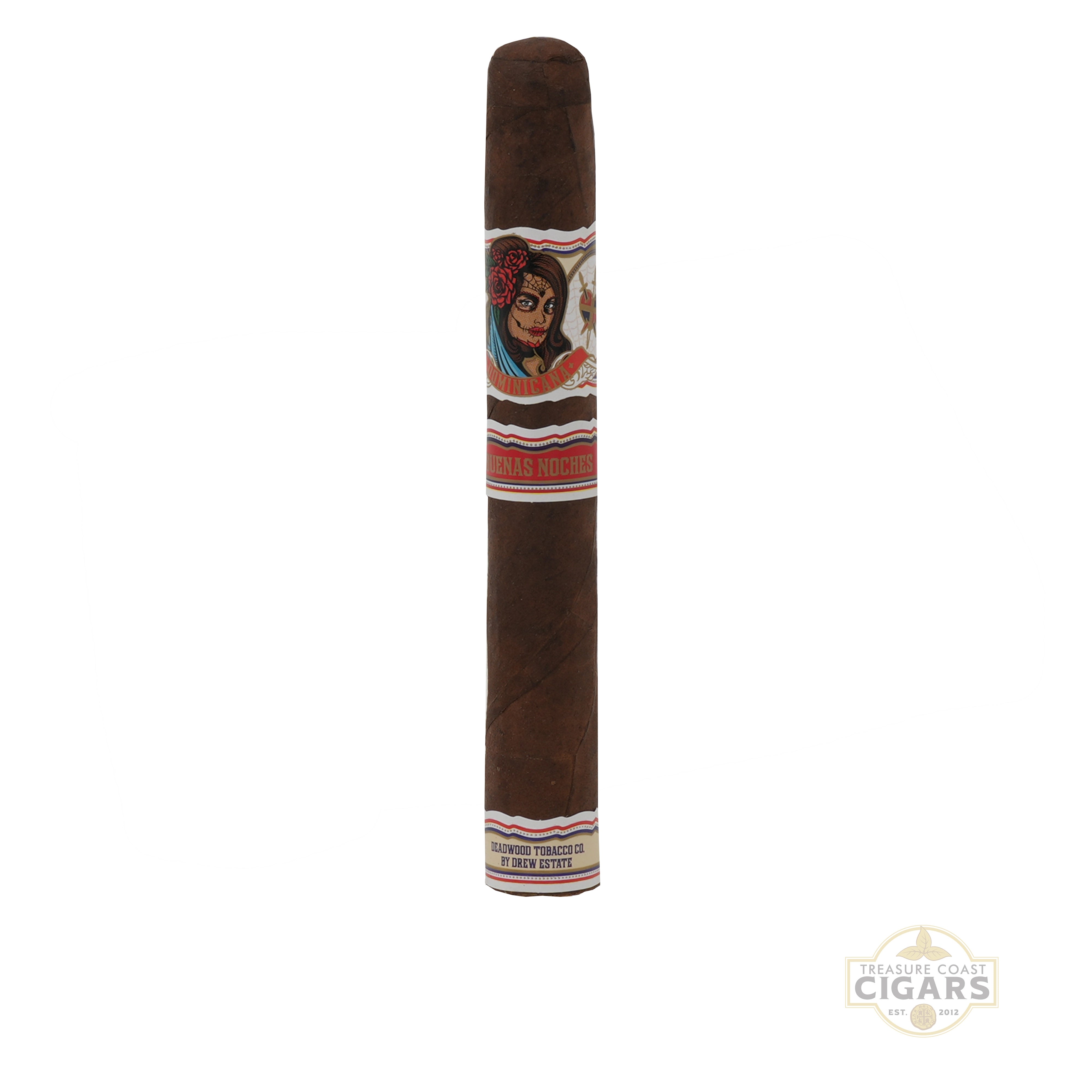 Cigar with decorative band featuring a face on a white background