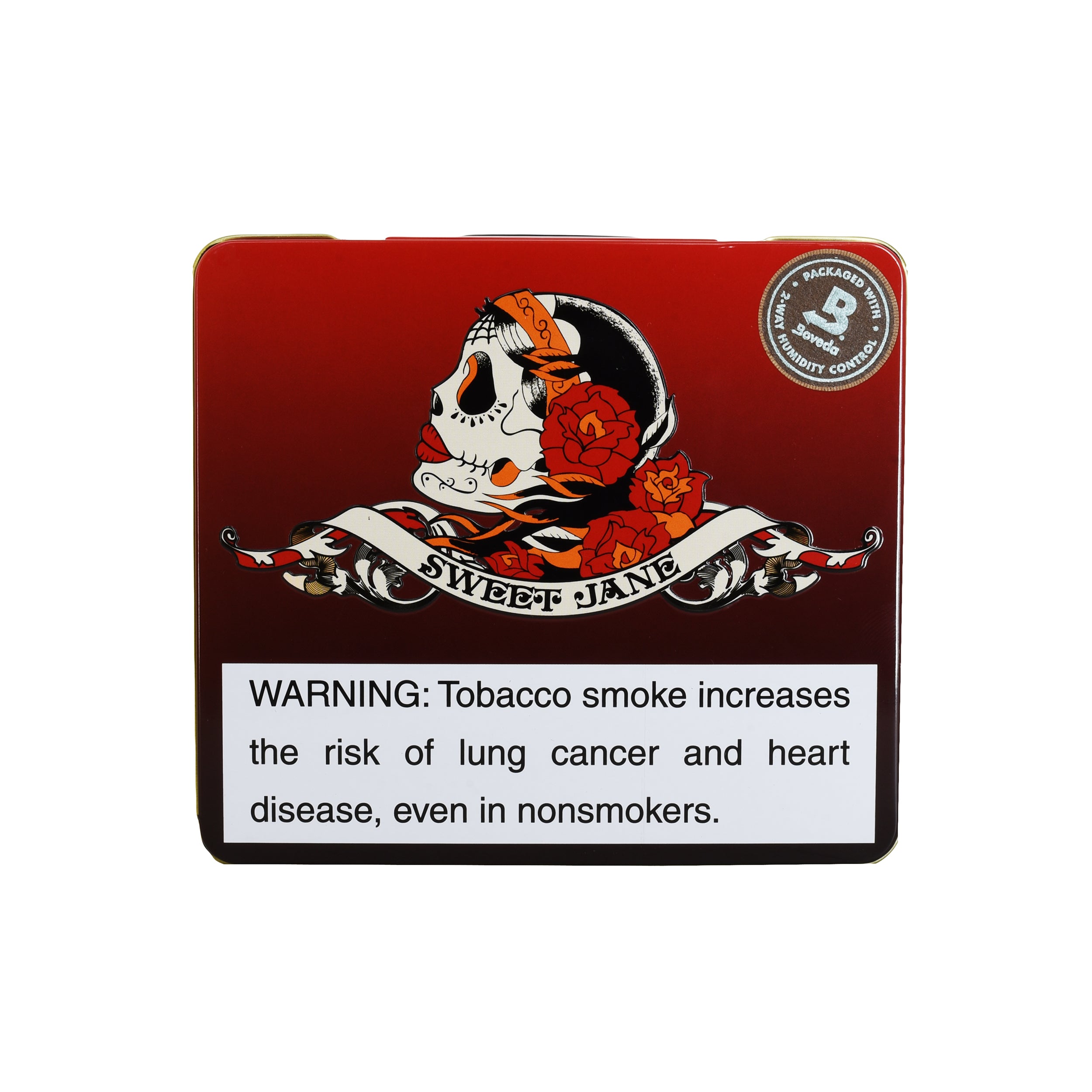 Cigar pack with skull and roses design and warning label on a white background