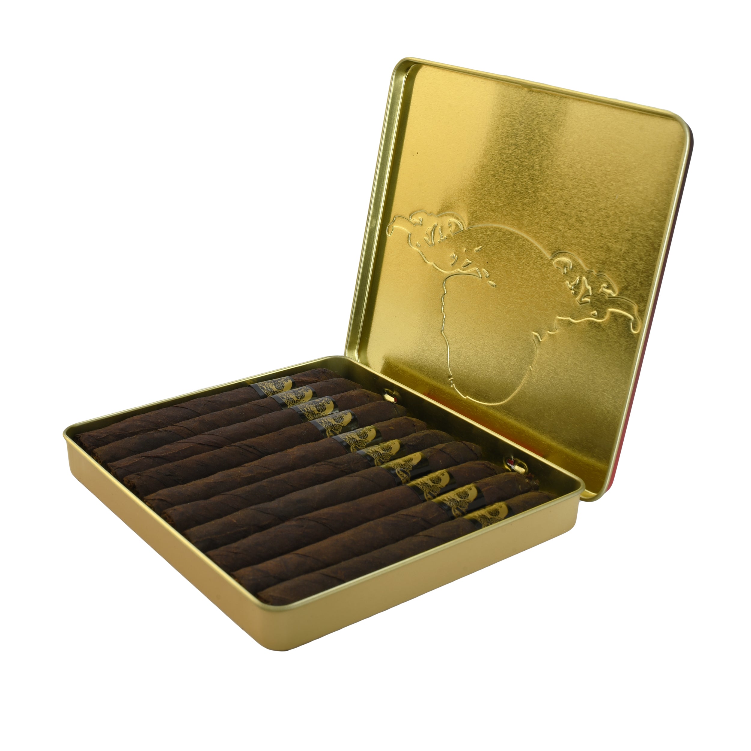 Open gold cigar box with cigars inside on a white background