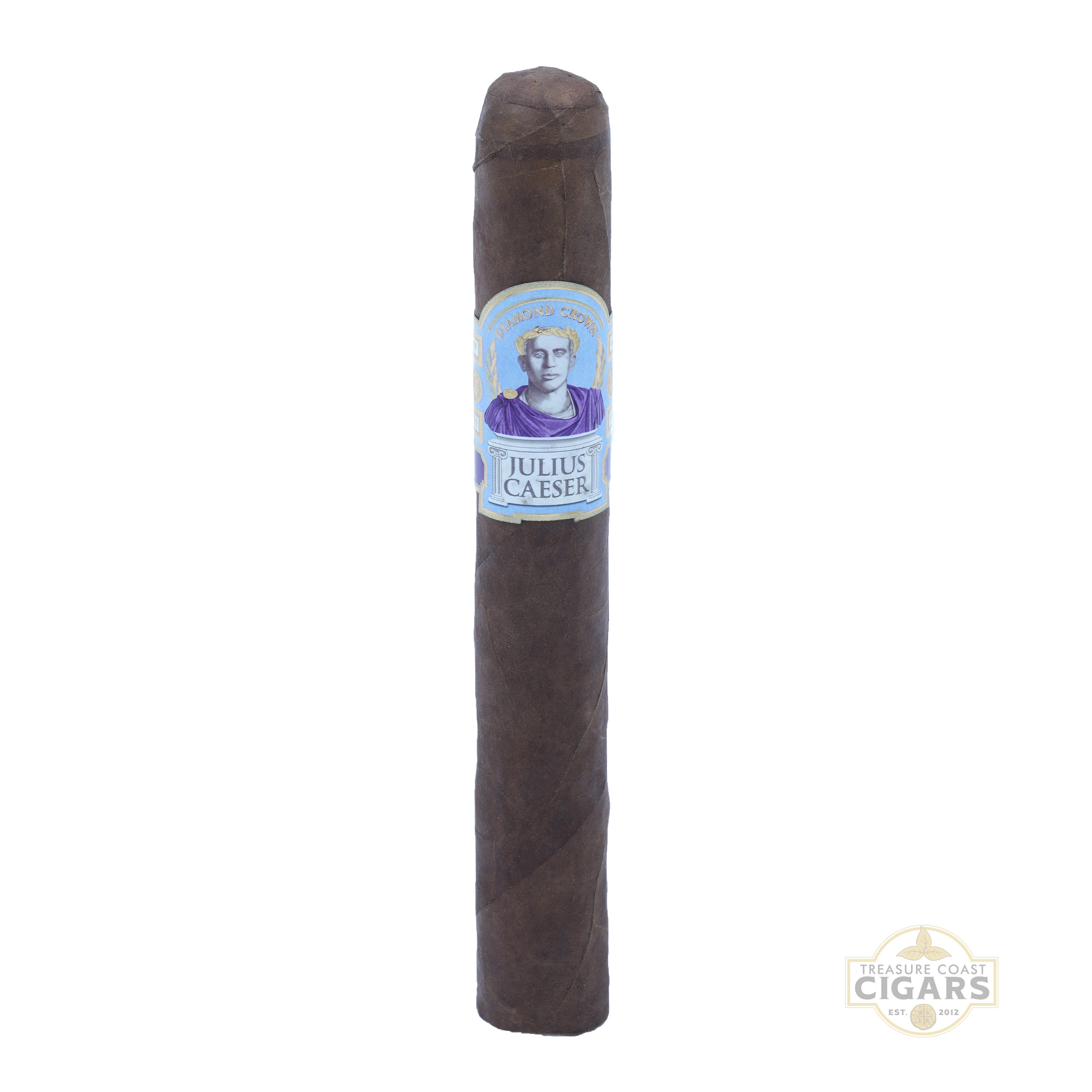 Cigar with a label featuring a portrait on a white background