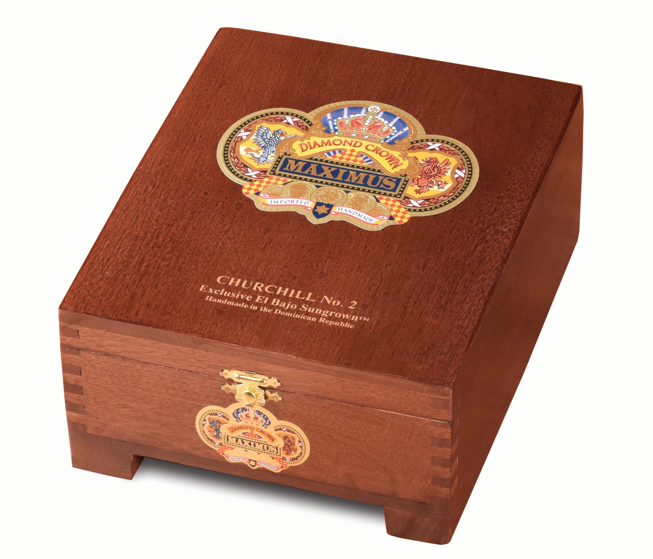 Wooden cigar box with Maximus logo on a white background