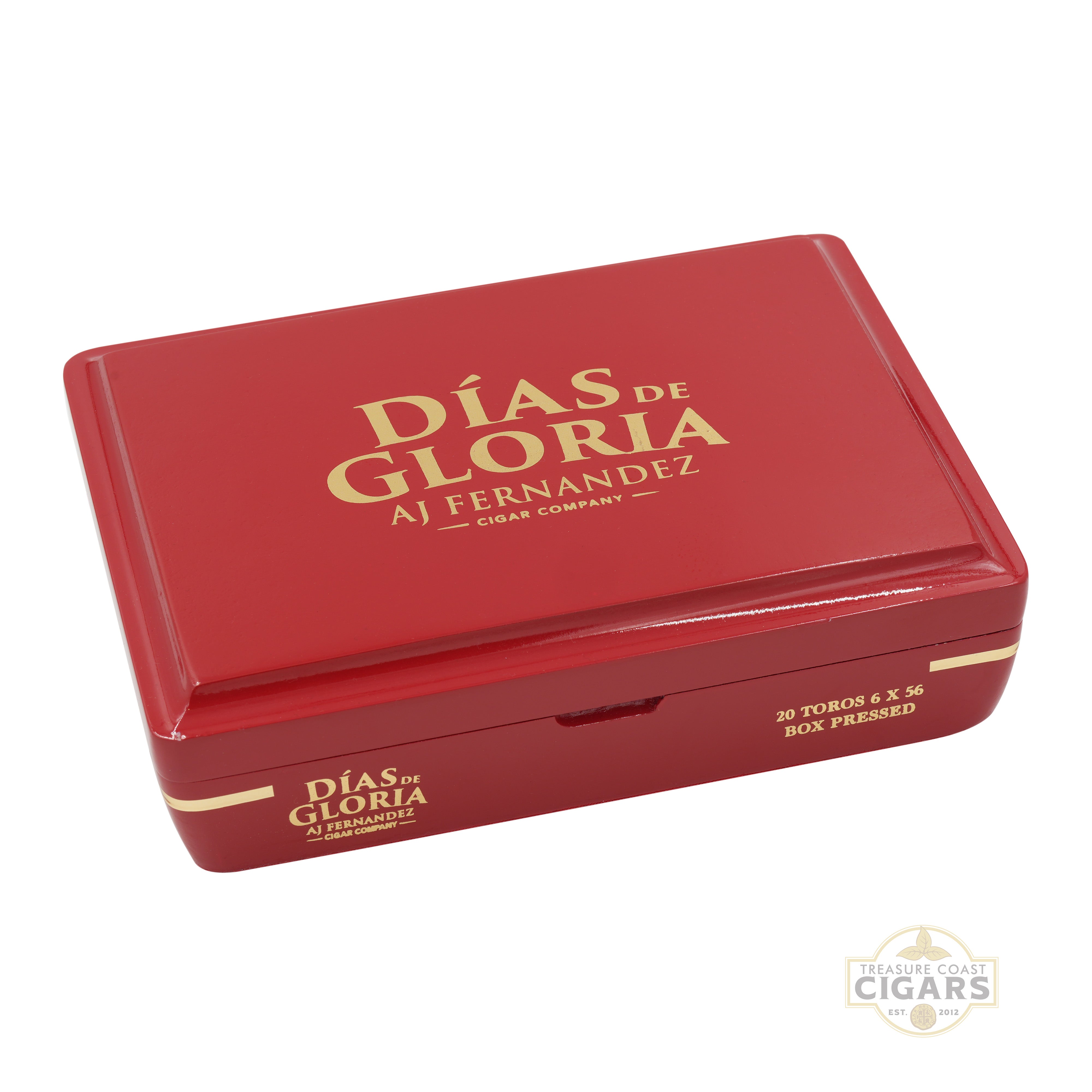 Red cigar box with 'Dias de Gloria' branding on a white background