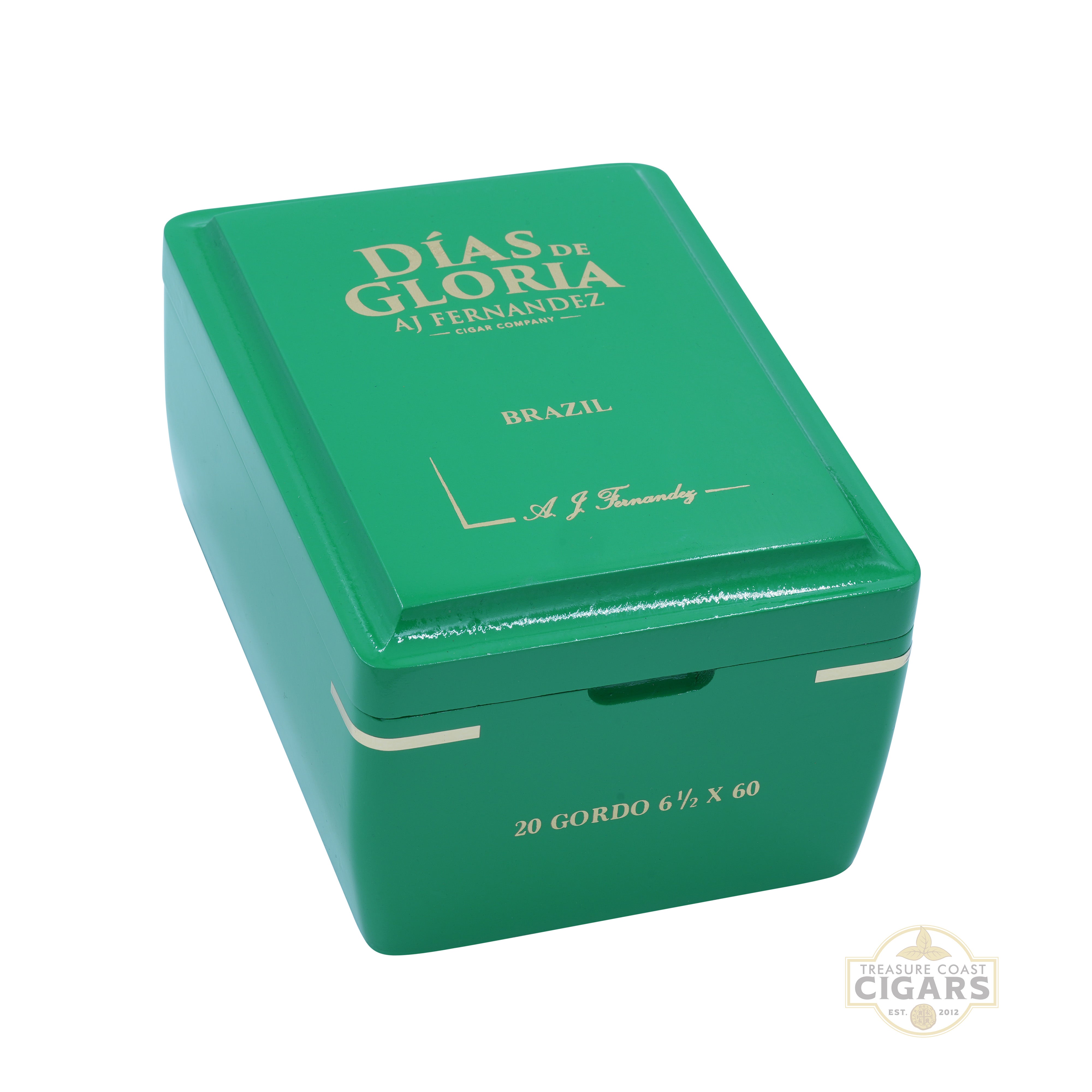 Green cigar box with 'Dias de Gloria' branding on a white background