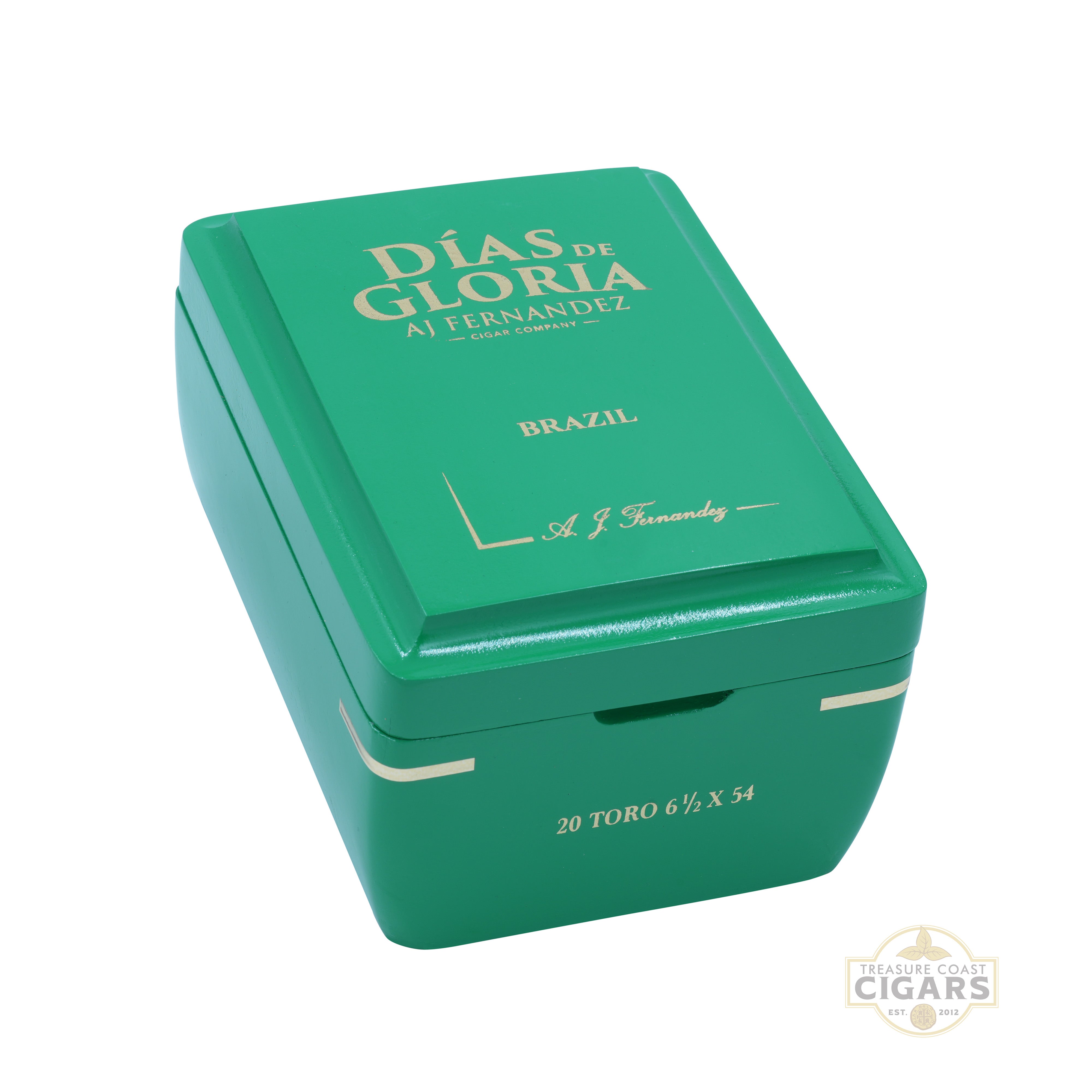 Green cigar box with 'Dias de Gloria' branding on a white background