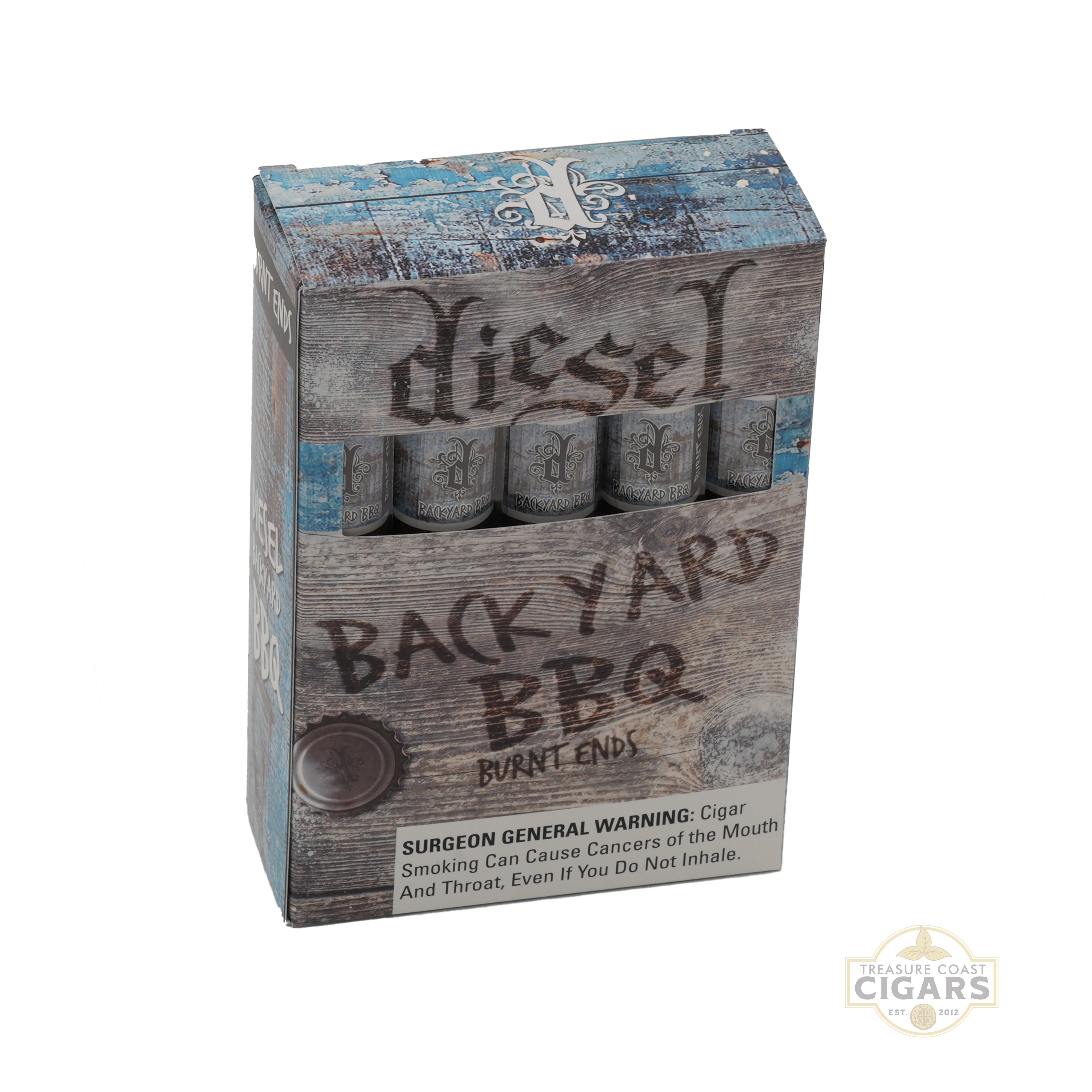 A five count box of Diesel Backyar BBQ Burnt Ends on a white background