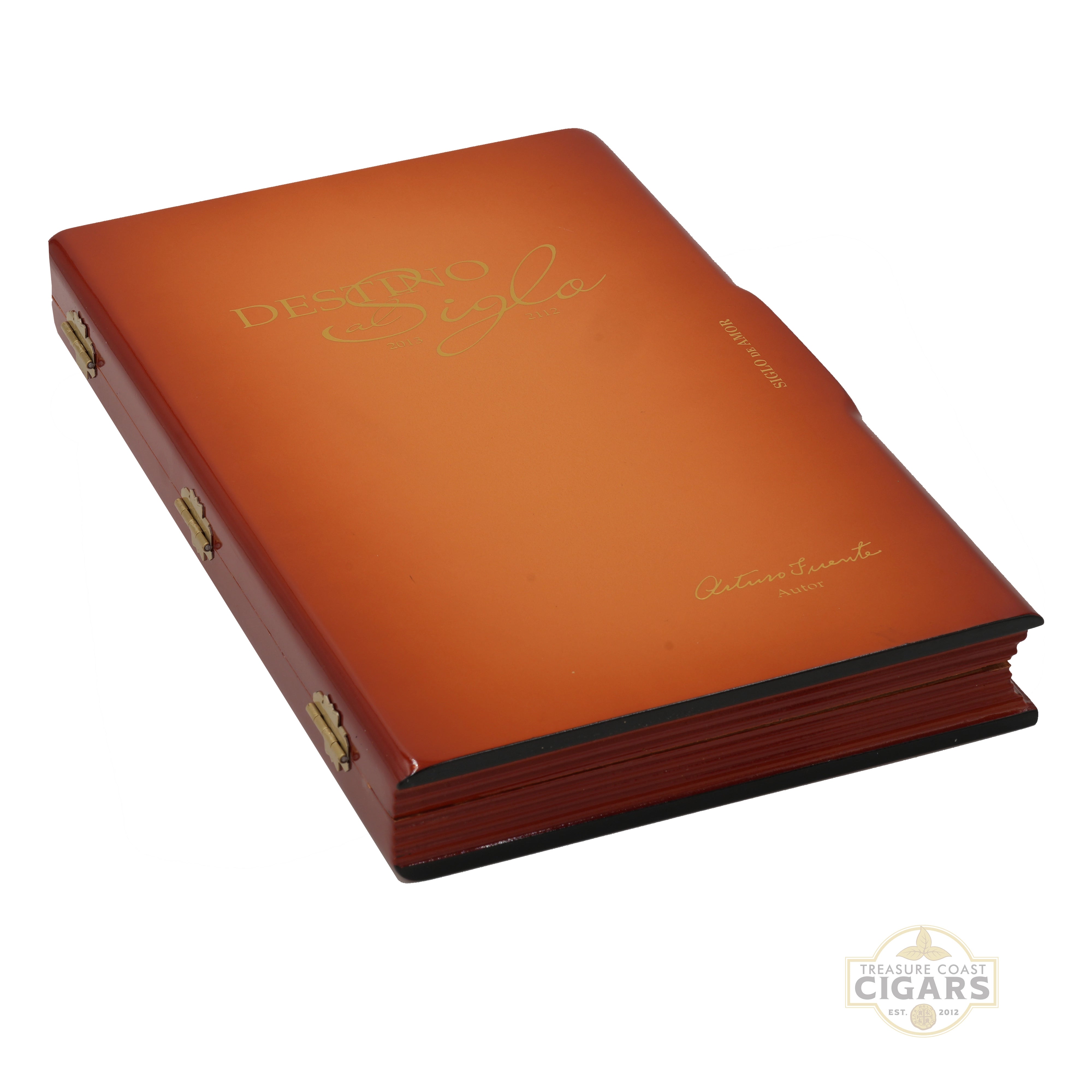 A reddish-brown wooden cigar box with gold foil lettering shown on a white background with a small Treasure Coast Cigars' watermark in the bottom right corner.